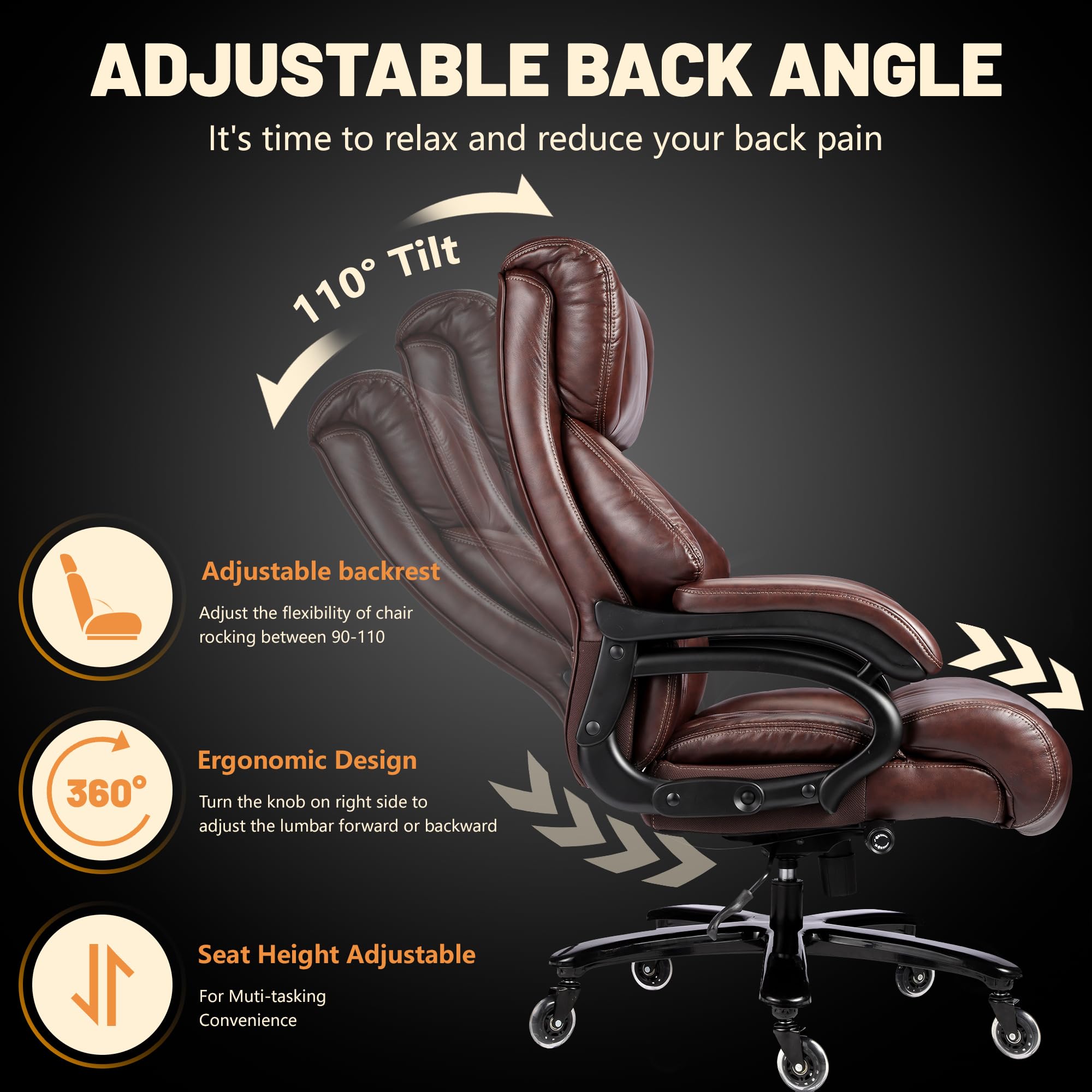 Premium 500lbs Big and Tall Executive Office Chair - Heavy Duty Leather Desk Chair with Adjustable Lumbar Support & Quiet Rubber Wheels - Ergonomic Computer Chair for Large Adults - Perfect for Home Office, Conference Rooms & Executive Suites (Brown)