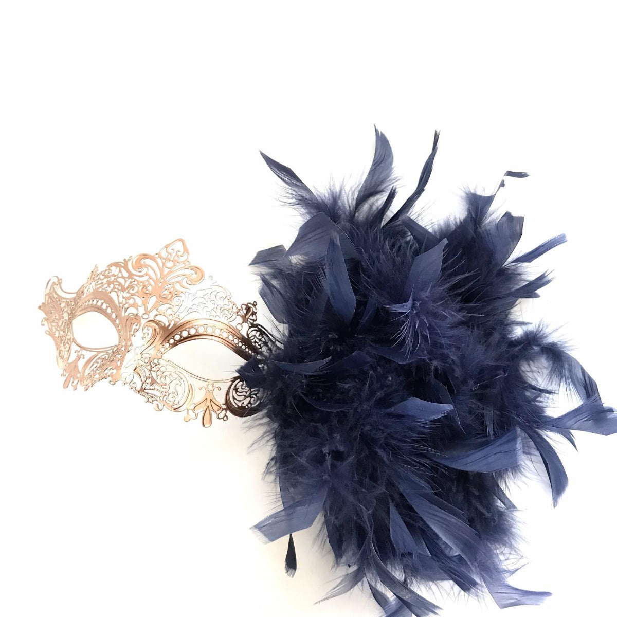 Elegant Venetian Rose Gold Mask with Navy Feathers - Perfect for Masquerade Balls, Halloween Costumes & Themed Parties