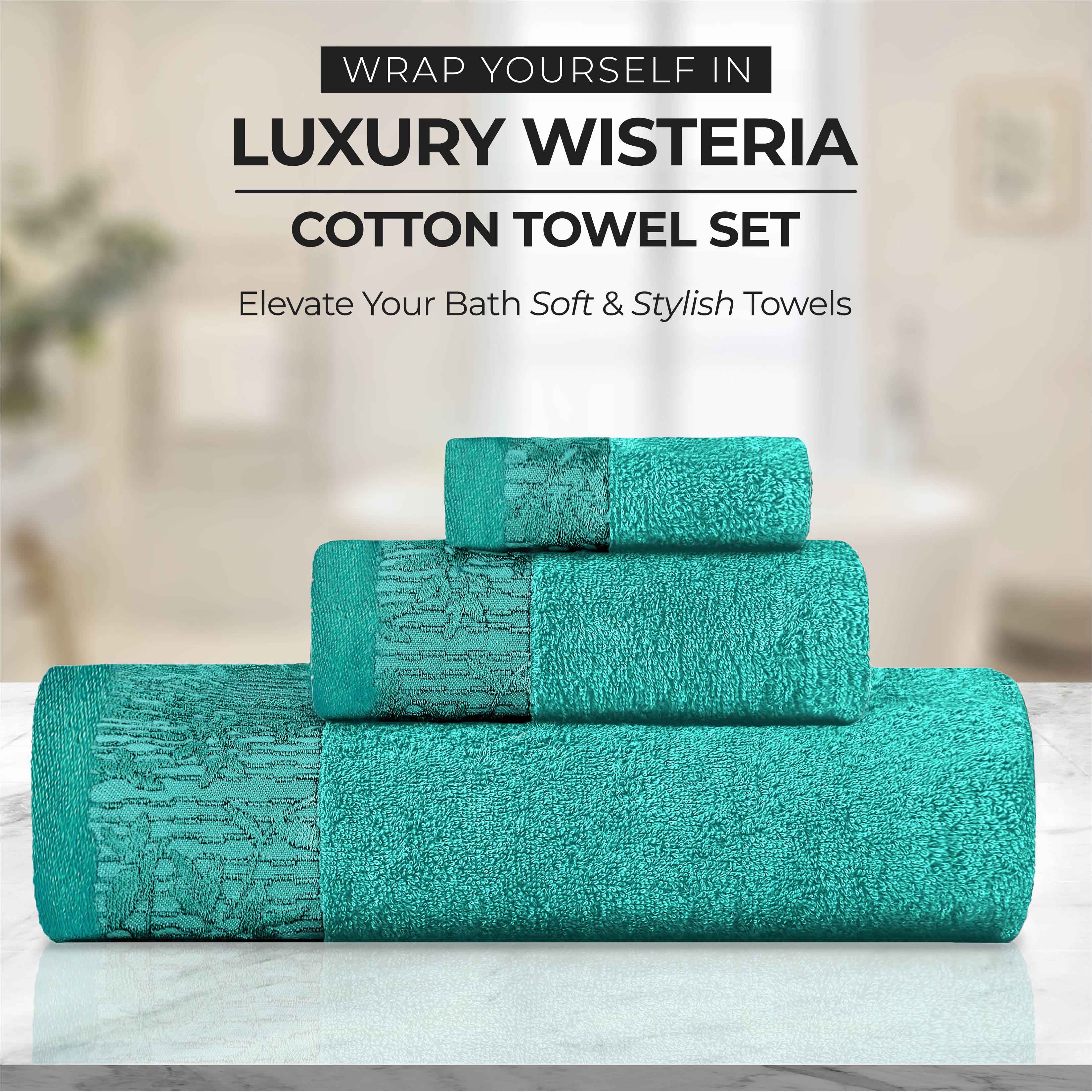 Premium Wisteria Cotton Floral Embroidered Jacquard Border Bath Towel Set of 2 - Soft Absorbent Luxury Towels for Spa, Bathroom & Guest Use