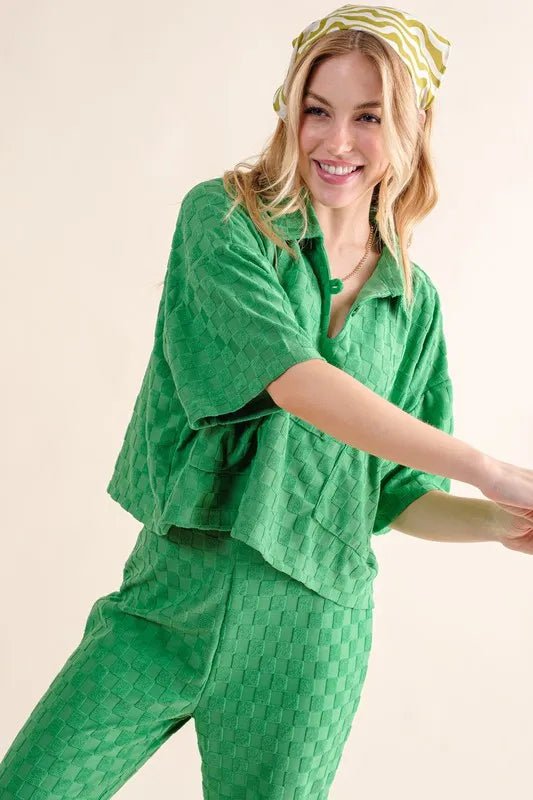 Brushed Texture Checkerboard Pattern Casual Top for Women - Stylish & Comfortable Blouse for Everyday Wear, Work & Outings