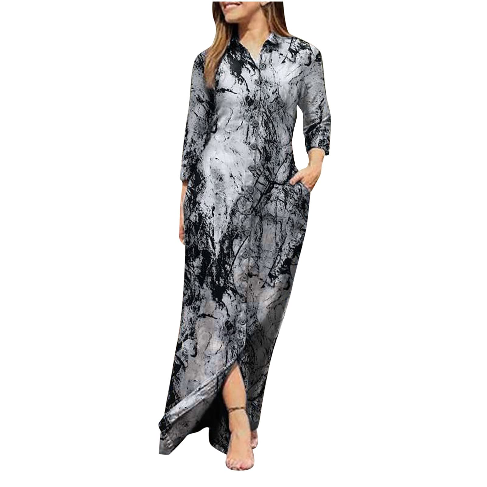 Women's Floral Printed Maxi Dress with Long Sleeves - V Neck Casual Button Down Shirt Dress with Pockets | Perfect for Spring Outfits, Beach Cover Ups & Boho Fashion