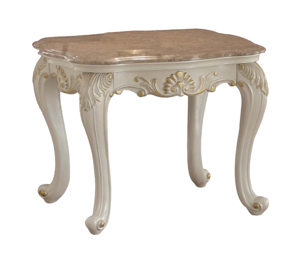ACME Furniture Chantelle End Table with Marble Top - Pearl Finish Modern Nightstand for Living Room, Bedroom & Office