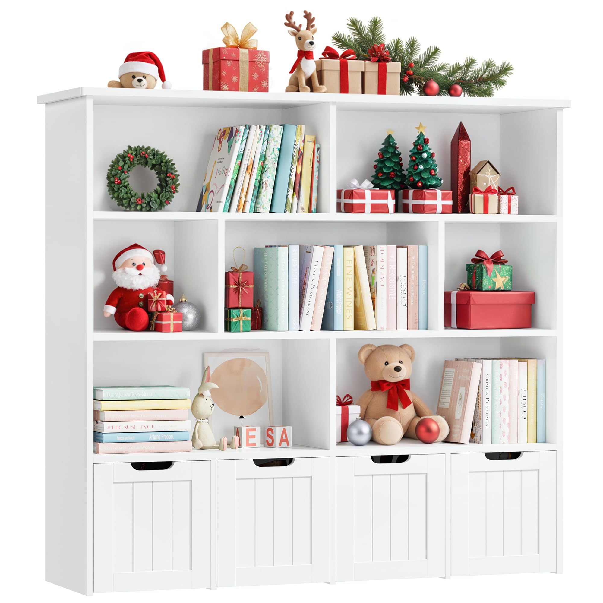 FINETONES Large Toy Storage Organizer with 4 Movable Drawers & 7 Storage Cubbies - Kids Bookshelf, Toy Chest Shelf with Hidden Wheels - Perfect for Playroom, Nursery & Bedroom Organization (White)