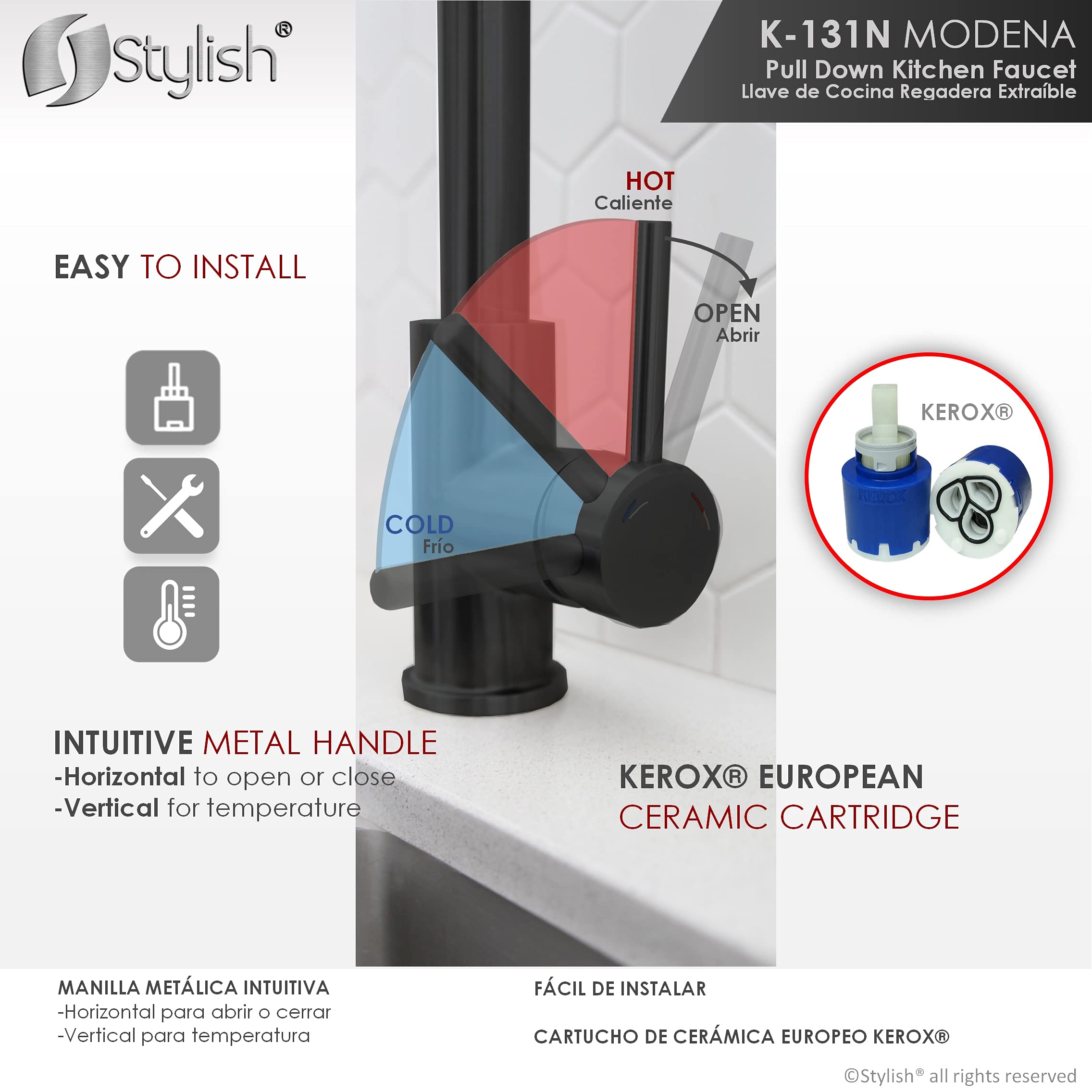 Premium Stainless Steel Kitchen Faucet with Pull Down Sprayer - 1 Handle Dual Function Mixer Tap, Ceramic Cartridge & Aerator - Matte Black (Model K-131N) - Perfect for Modern Kitchens, Restaurant Prep Areas & Home Renovations