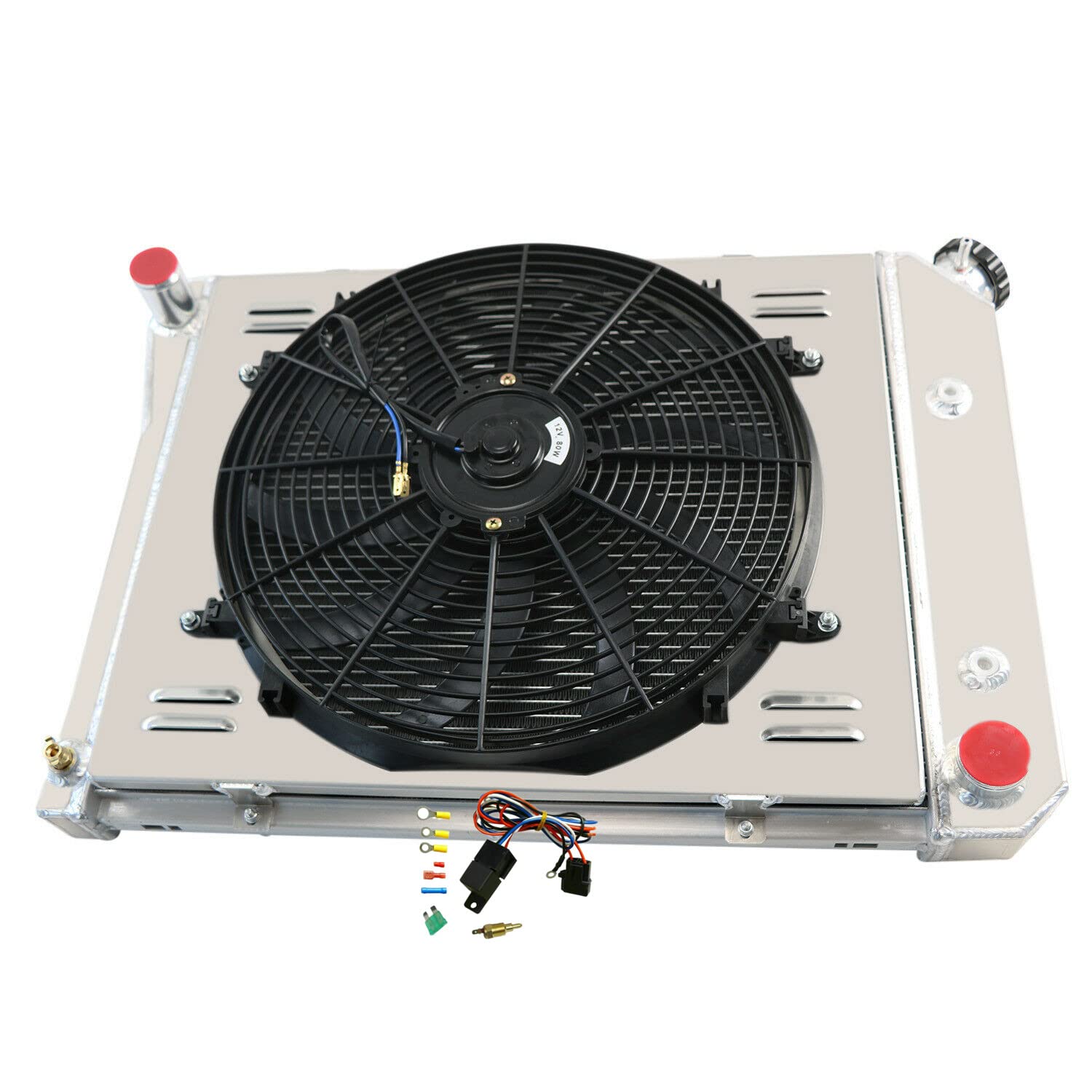 High-Performance 4-Row Aluminum Radiator for 68-88 Chevy Chevelle Impala Caprice Camaro El Camino & 84-87 Buick Skylark LeSabre & 68-87 Pontiac LeMans Ventura - Includes Shroud & Fan Relay - Perfect for Classic Car Restoration & Hot Rod Upgrades