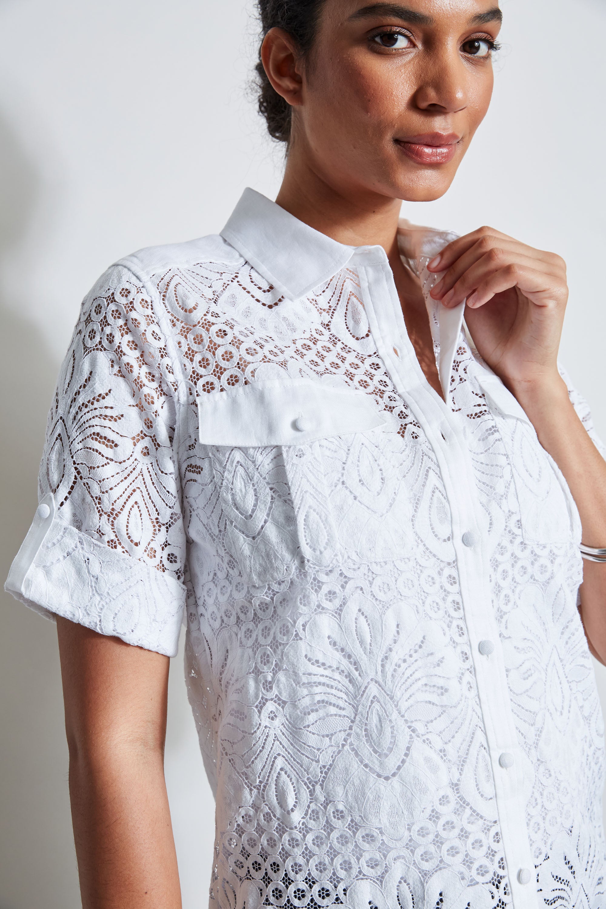 Stylish Short Sleeve Lace Utility Shirt for Women - Casual Summer Top for Outdoors, Work & Everyday Wear