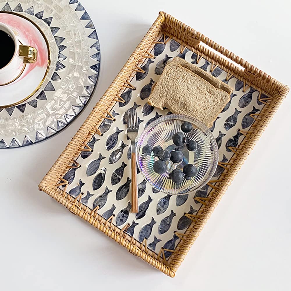 Hand Woven Rattan Serving Tray with Handle - Natural Wicker Coffee Tray for Breakfast, Tea, Drinks & Snacks - Perfect for Dining Table, Bedroom, or Outdoor Picnic Use