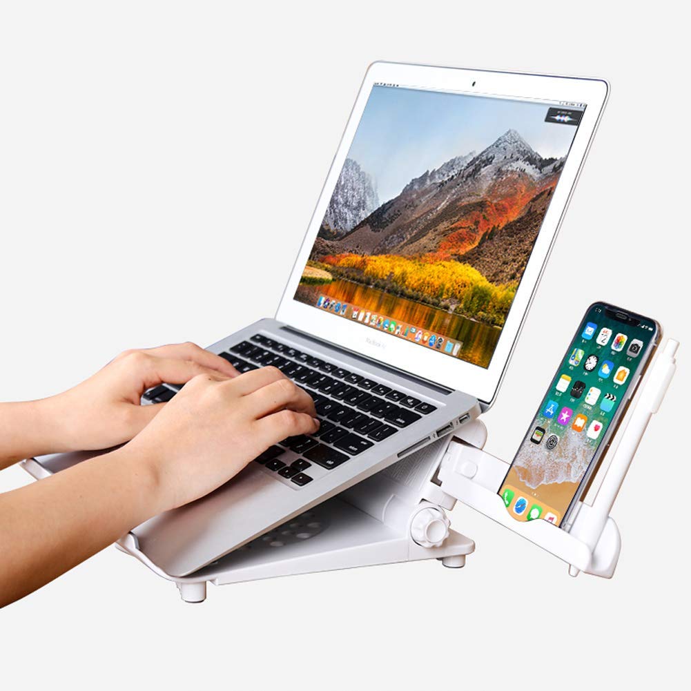 Lightweight Ventilated Laptop Stand with Adjustable Phone Holder - Foldable & Portable Riser for 13-17 Inch Notebooks - Ergonomic Computer Desk Stand for Home Office, Gaming & Work (White)