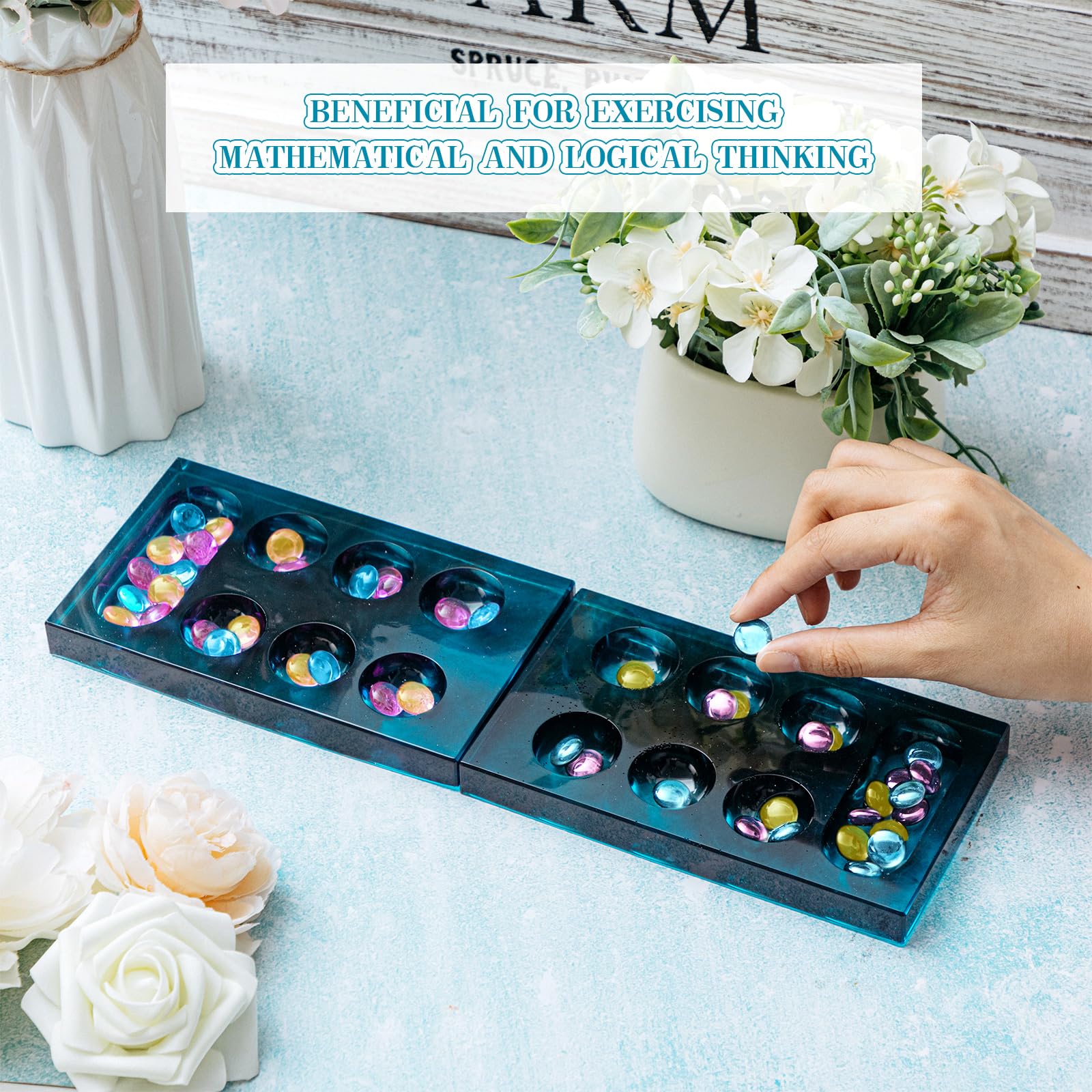 Premium Mancala Board Game Silicone Mold Set - DIY Epoxy Resin Casting Kit with 2 Mancala Stone Molds & 4 Metal Accessories - Perfect for Family Game Nights, DIY Crafts, and Unique Gift Making (Handmade Board Games, Birthday Presents, Party Activities)