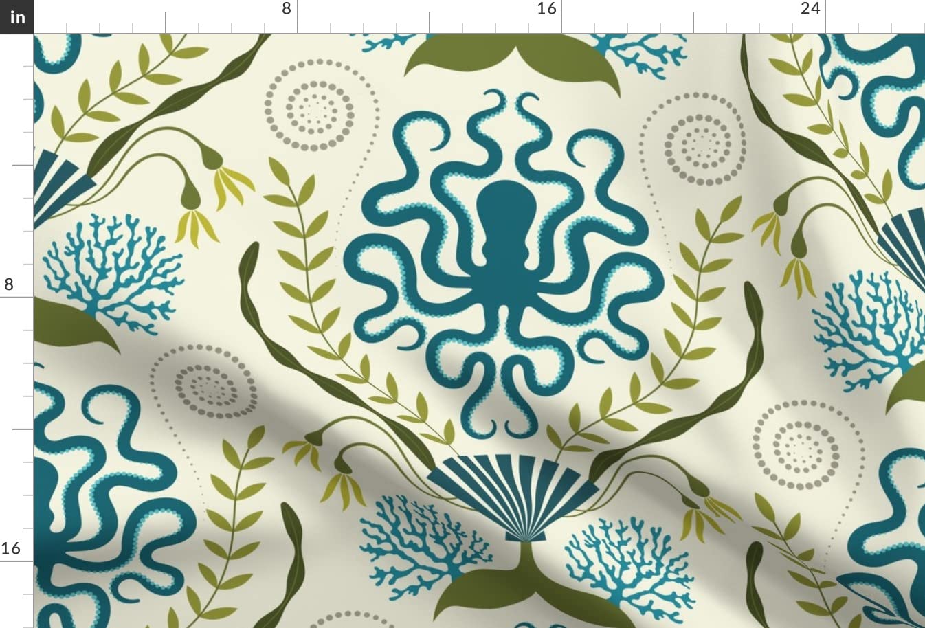 Nautical Damask Victorian Octopus Ocean Sea Shell Bubbles Printed Velvet Upholstery Fabric - Fat Quarter for Home Decor, Apparel & DIY Projects | Waterproof & Durable for Curtains, Pillows & Clothing