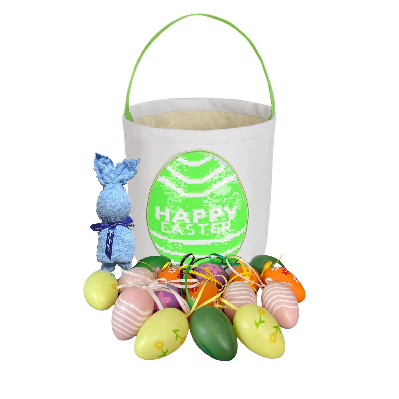 Easter Basket for Kids with 16pcs Colorful Hanging Eggs - Outdoor Easter Decorations for Home, Garden & Party | Spring Holiday Decorative Ornaments (Green)