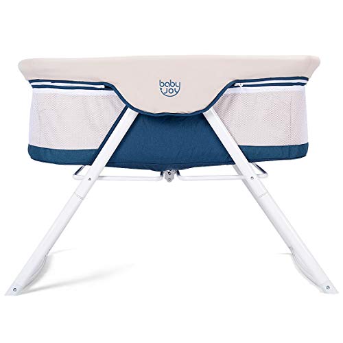BABY JOY 2-in-1 Rocking Bassinet & Portable Crib - Lightweight Travel Cradle with Detachable Washable Mattress, Breathable Mesh Sides & Oxford Carry Bag - Ideal for Newborns, Nursery, Travel & Home Use (Beige & Blue)