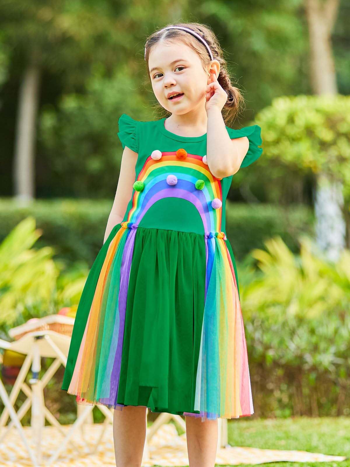 Rainbow Flutter Sleeve Tulle Dress for Girls 3-7 Years | Summer Sundress with Comfortable Fit | Perfect for Birthday Parties, Beach Outings & Special Occasions