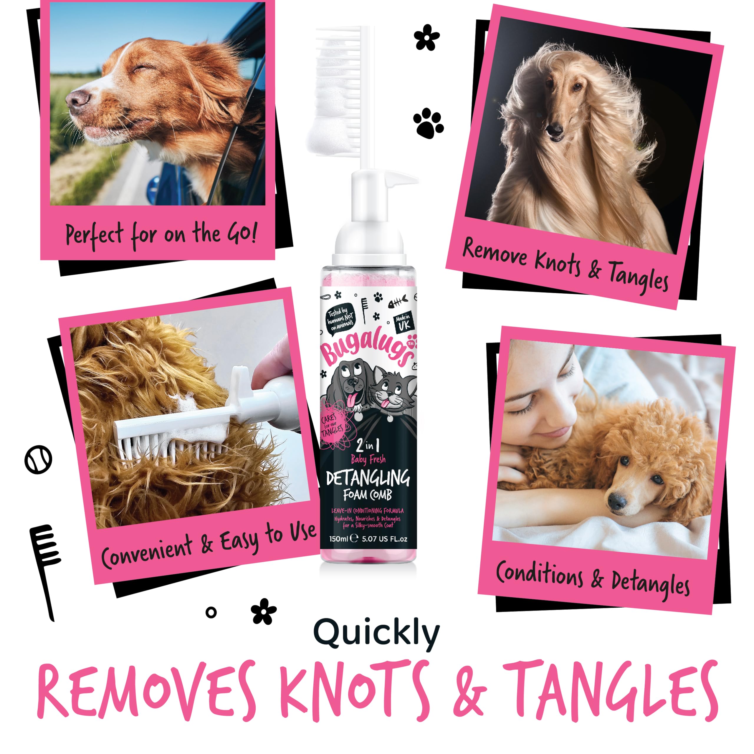 Bugalugs Pet Detangler Foam Comb - Leave-In Conditioner Spray for Dog Grooming, Detangling & Knot Removal with Wheat Protein (Baby Fresh Scent) - Perfect for Daily Coat Care & Professional Grooming Sessions