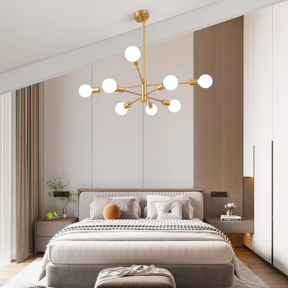 Modern Gold Sputnik Chandelier - Mid Century Ceiling Light Fixture with 8 E26 Bulbs for Living Room, Kitchen Island, Bedroom, Dining Room & Farmhouse | Elegant Lighting for Home Decor & Interior Design