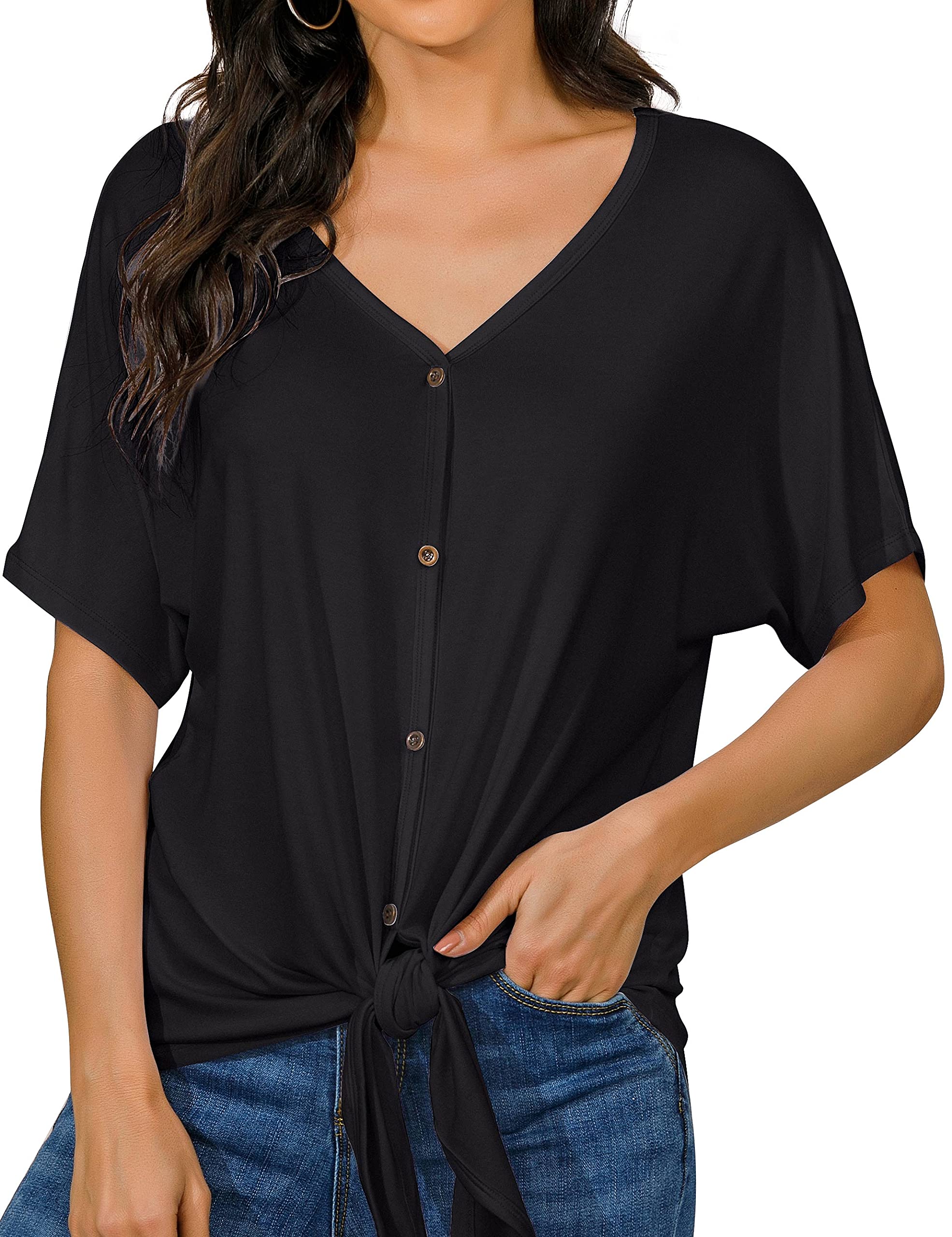 IUGA Women's V-Neck Tie Knot T-Shirt - Summer Short Sleeve Casual Blouse for Everyday Wear, Date Night & Beach Outfits
