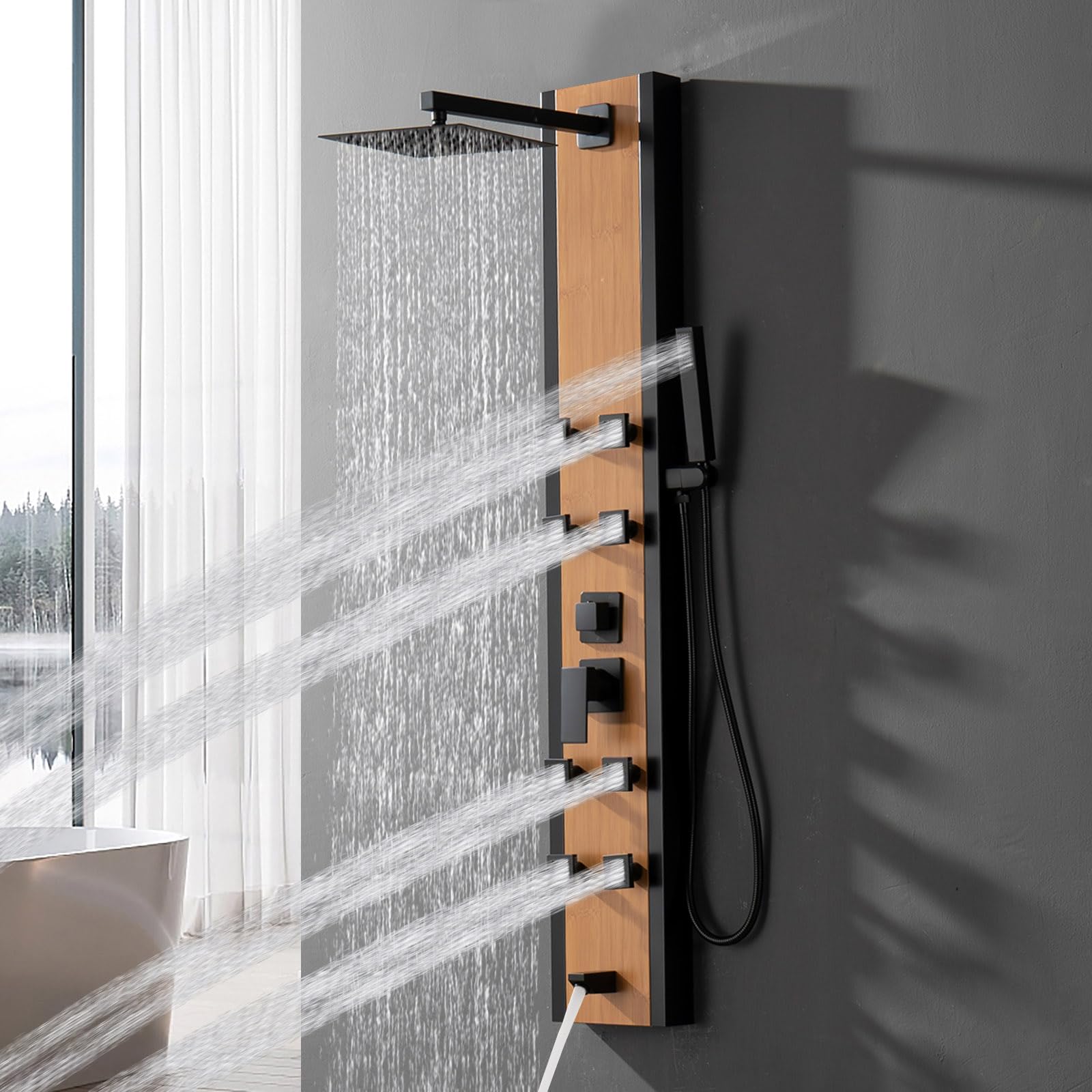 Premium Bamboo & Stainless Steel Shower Tower System with 8 Massage Jets, Adjustable Rainfall Shower Head, Handheld Wand & Tub Spout - Luxury Spa Experience for Master Bathroom Renovation