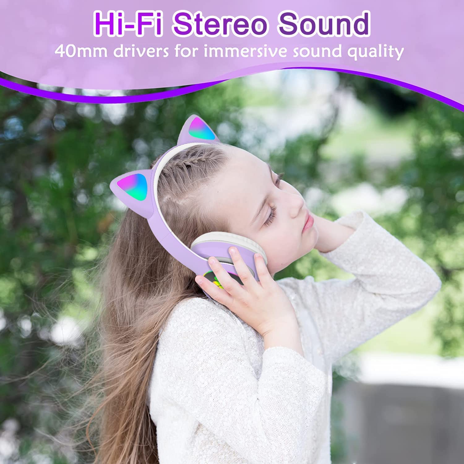 Kids Bluetooth Noise Cancelling Headphones with LED Light-Up Cat Ears, Foldable Wireless Headset with Microphone & TF Card Support - Perfect for iPad, Travel, School & Gaming