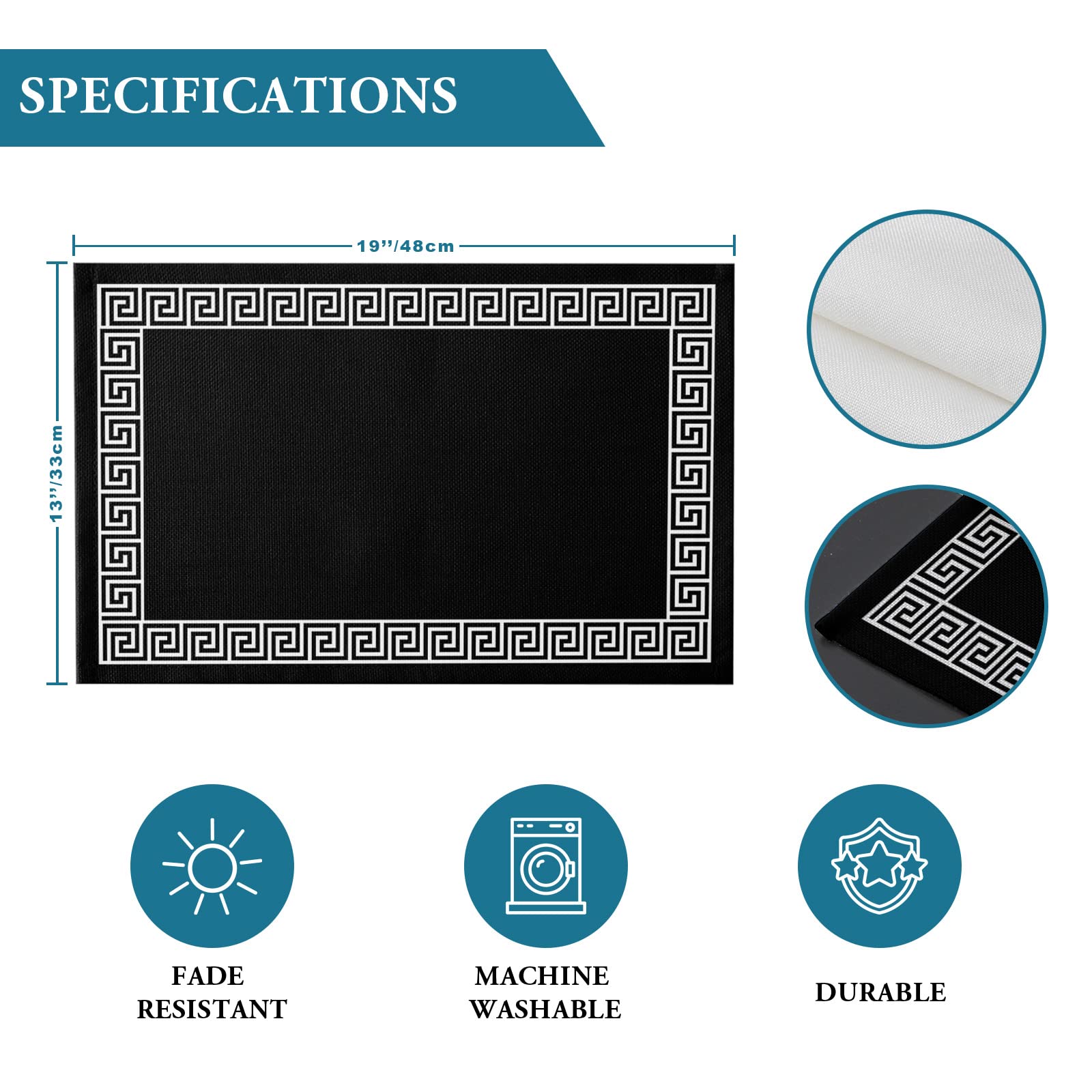 Geometric Greek Key Design Placemats Set of 4 - Black Washable Table Mats for Dining Room, Kitchen, and Dinner Table Decorations - Perfect for Everyday Use and Special Occasions