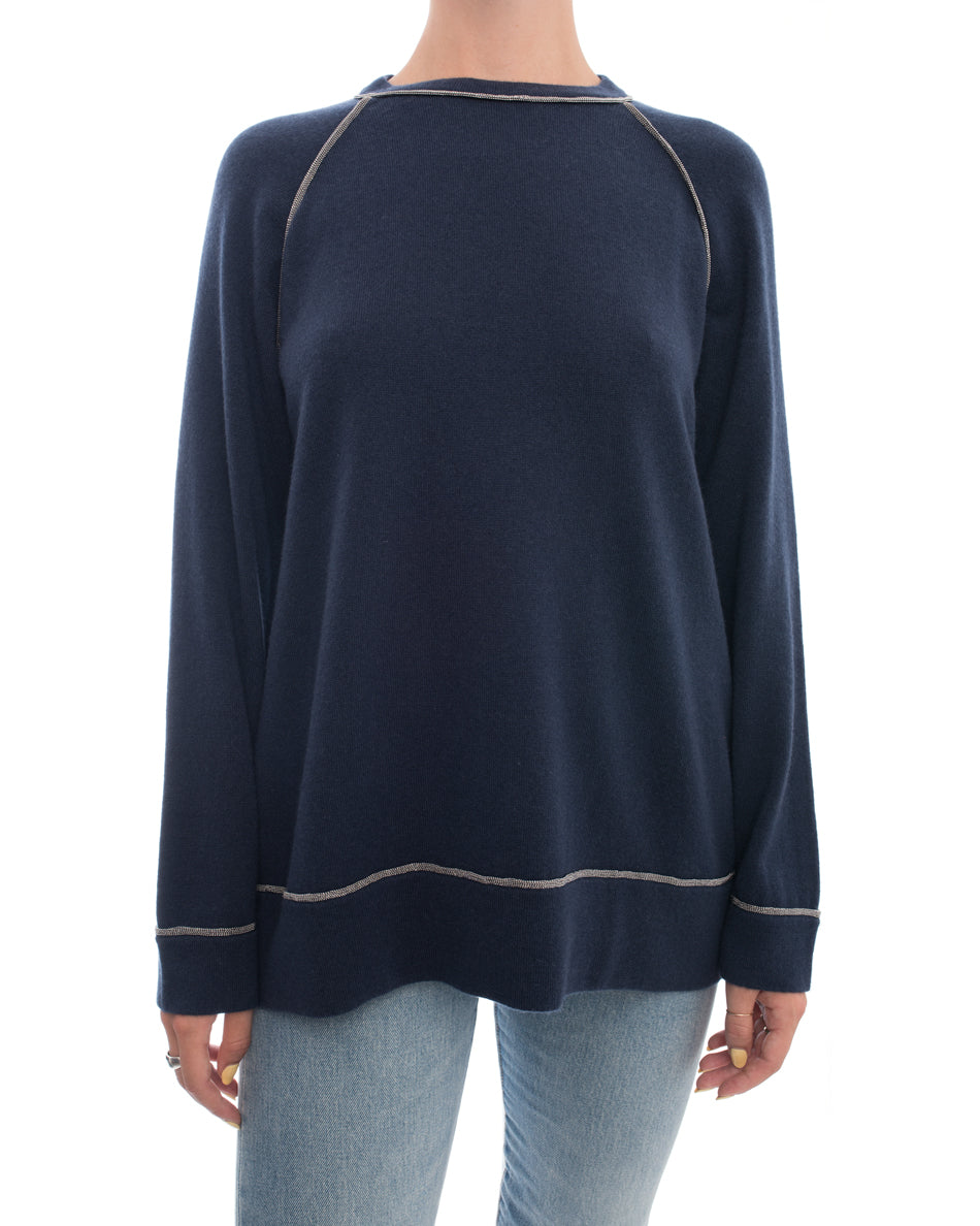Brunello Cucinelli Navy Blue Cashmere Sweater with Bead Trim - Size M | Luxury Women's Knitwear for Fall & Winter | Perfect for Office, Parties & Holiday Gatherings