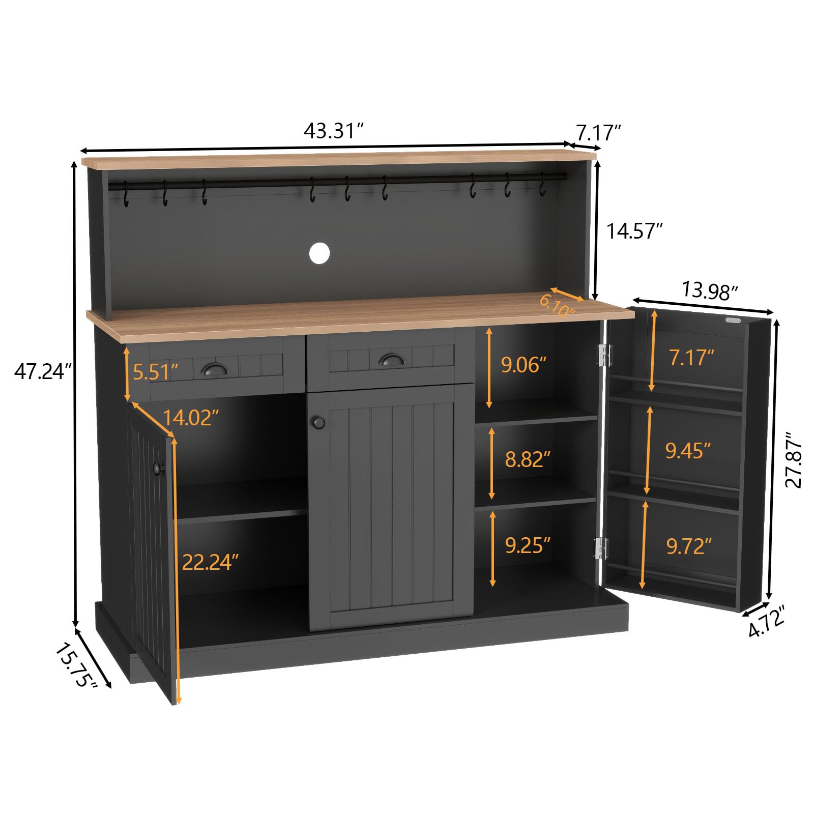 Farmhouse Sideboard Buffet Cabinet with 2 Drawers & 3 Doors - Adjustable Shelves Kitchen Pantry, Coffee Bar Cupboard for Dining Room & Living Room Storage - Perfect for Entertaining & Home Organization (Black)