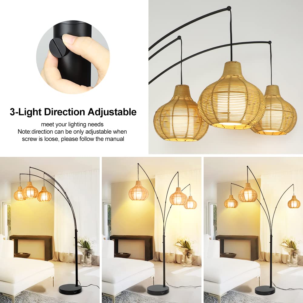 Depuley 3-Light LED Arc Floor Lamp - Adjustable Modern Standing Reading Light with Bamboo Shade & Marble Base, Tall Rattan Floor Lamp for Living Room, Bedroom, Office - E26 Bulbs Included - Perfect for Cozy Reading Nooks & Modern Home Decor