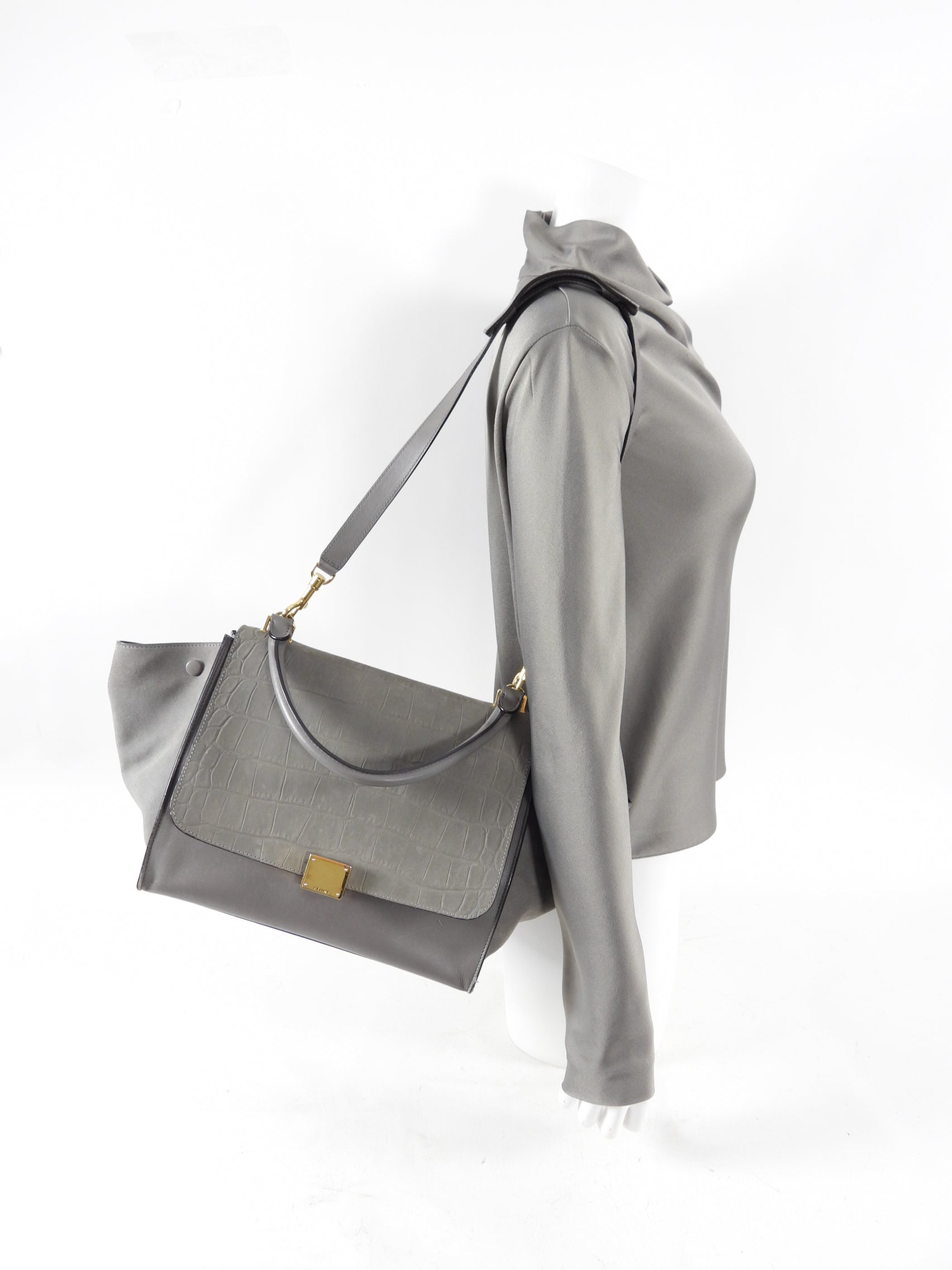 Celine Trapeze Medium Shoulder Bag in Taupe - Genuine Leather & Suede Crossbody Purse for Women | Perfect for Work, Travel & Everyday Use