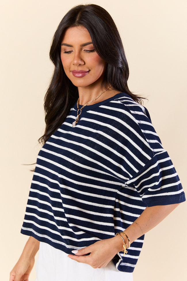 Color Wave Navy and White Striped Knit Boxy Tee - Women's Casual Oversized T-Shirt for Summer Beach Outings and Streetwear Fashion