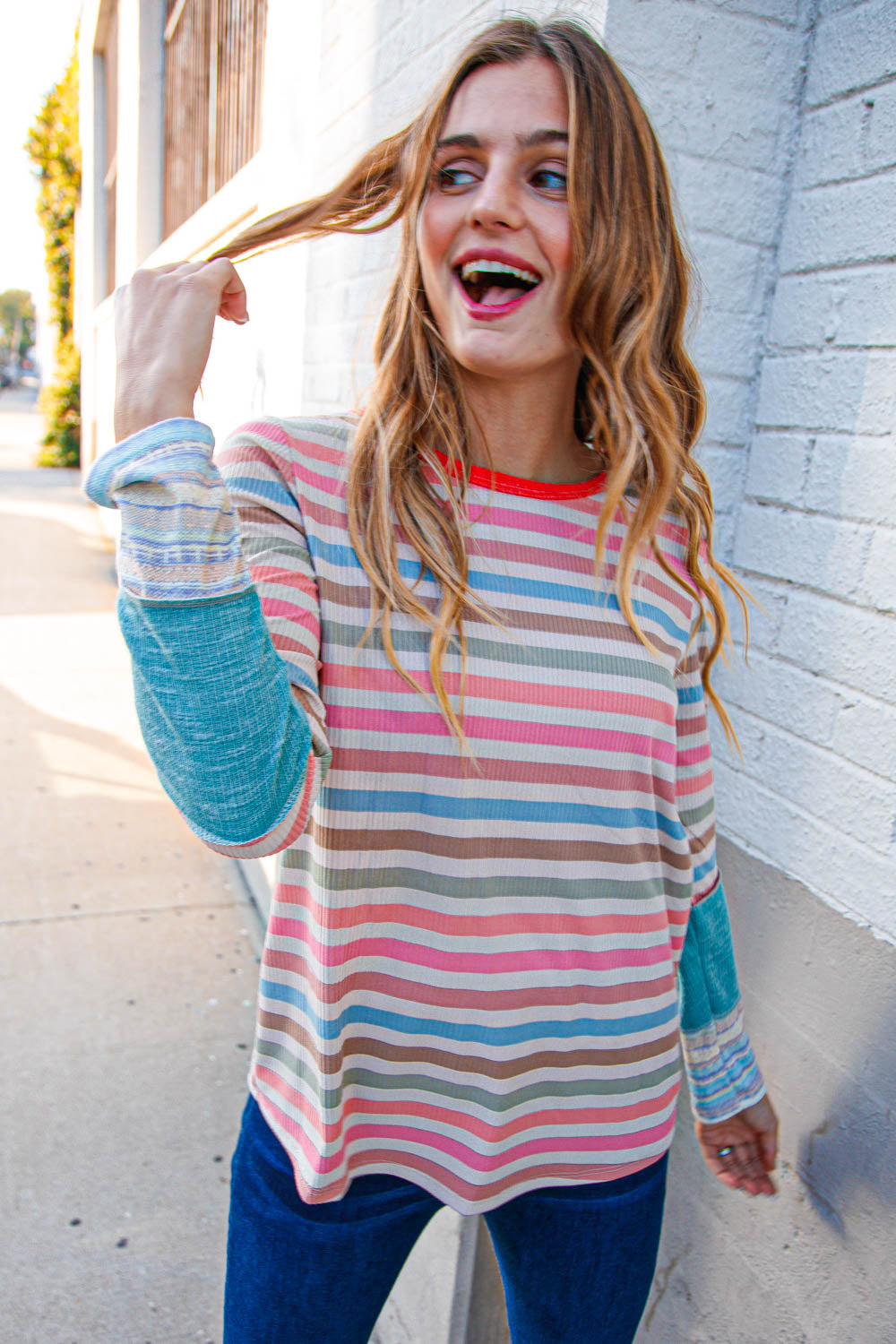 Coral Taupe Striped Ribbed Knit Top with Side Seam Detail - Casual Chic Blouse for Women, Perfect for Office, Date Night & Weekend Outings
