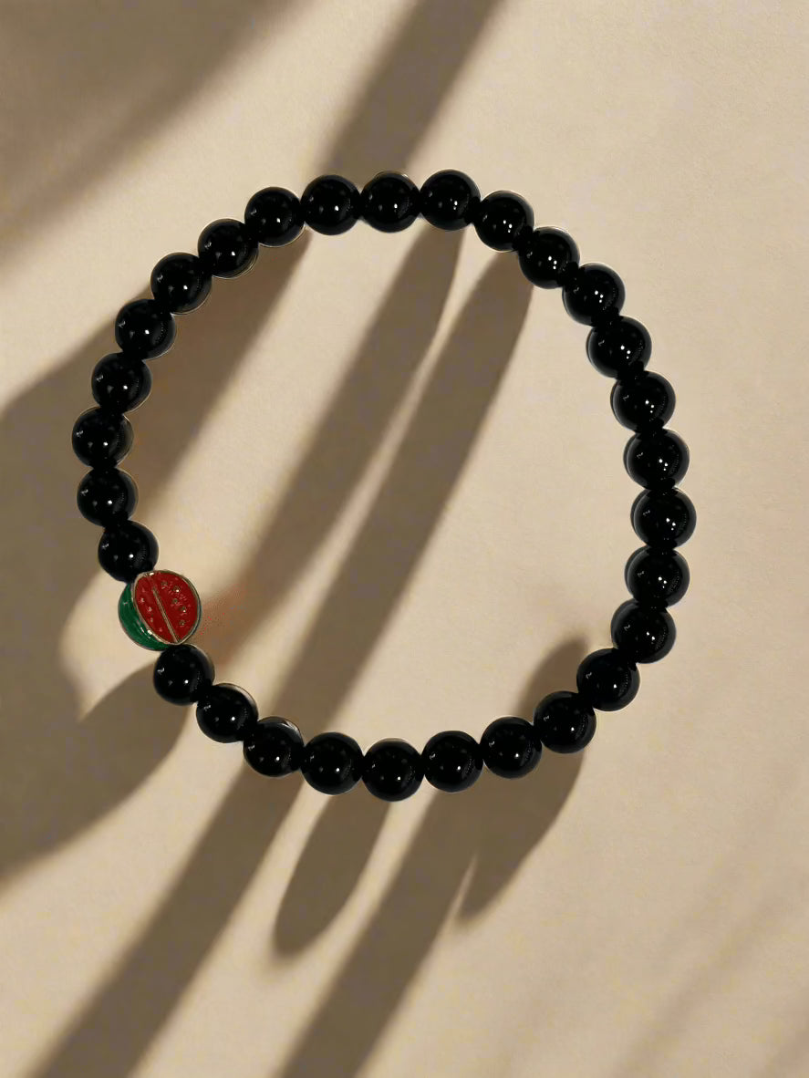Black Agate and Watermelon Tourmaline Stretch Bracelet - Natural Gemstone Elastic Beaded Jewelry for Women - Perfect for Yoga, Meditation and Boho Fashion