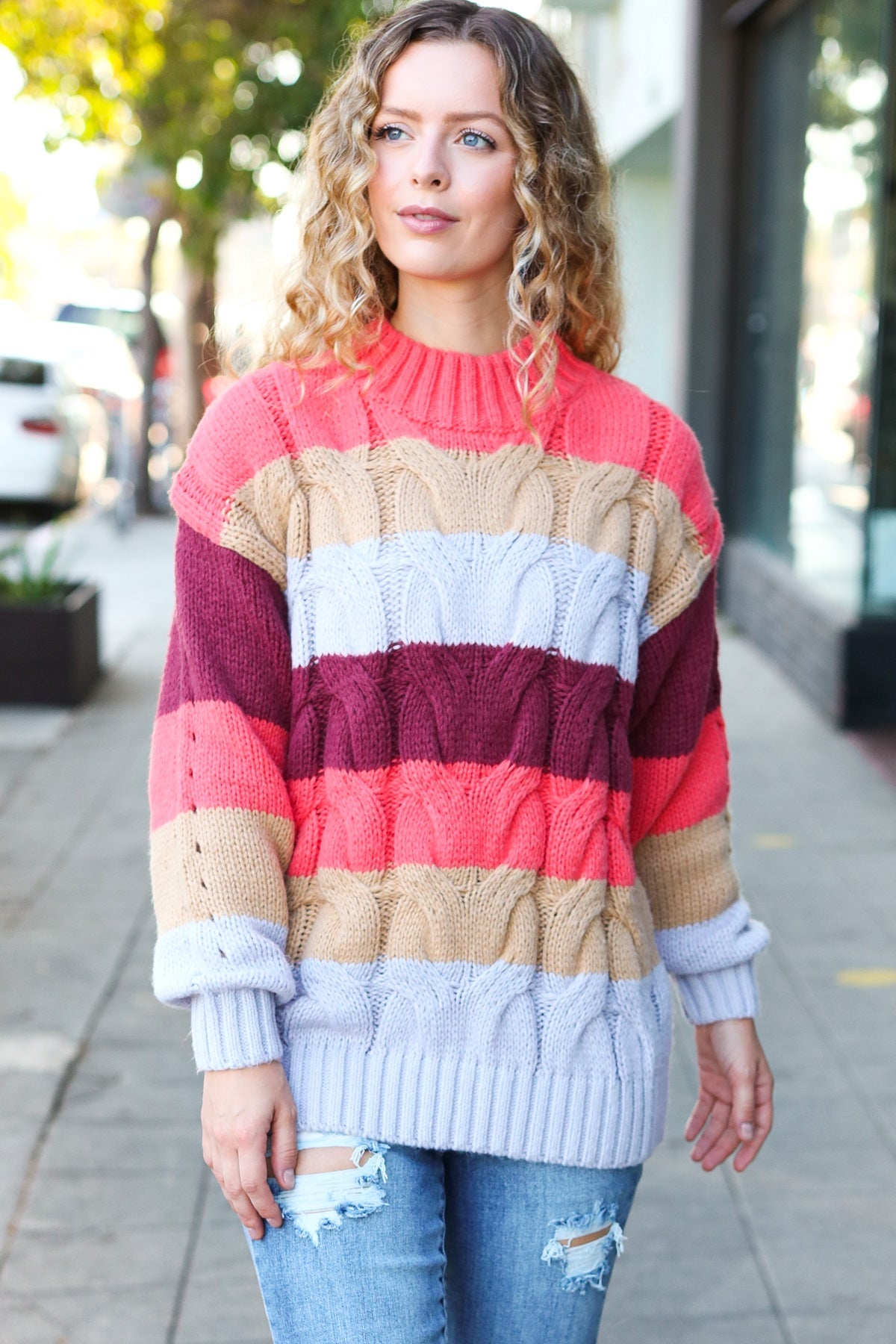Rust & Multicolor Striped Cable Knit Mock Neck Sweater for Women | Cozy Fall & Winter Pullover | Perfect for Casual Outfits, Office Wear & Holiday Gatherings