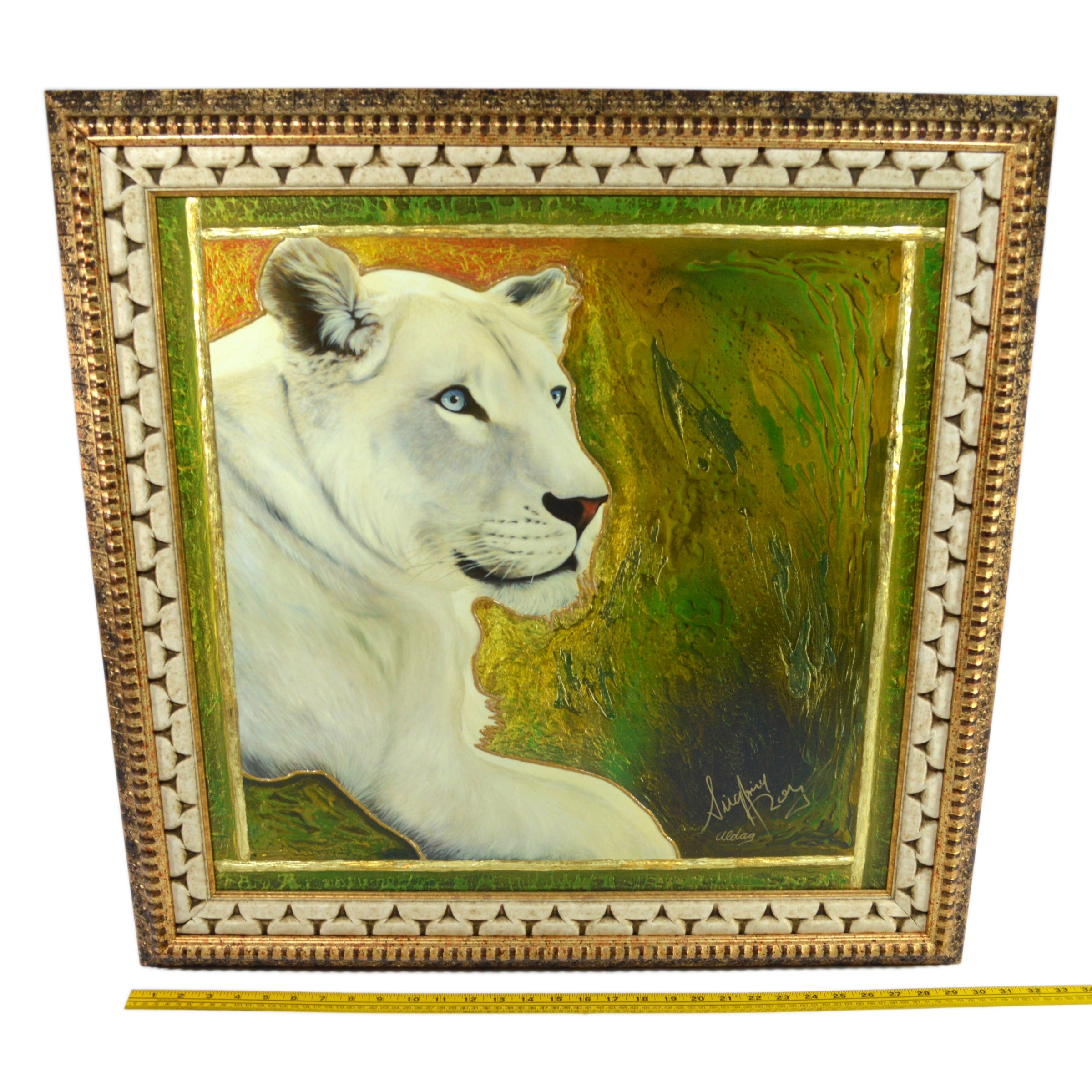 Original Juergen Aldag Mixed Media Painting - Sarmoti White Lion - Rare Artwork for Home & Office Decor