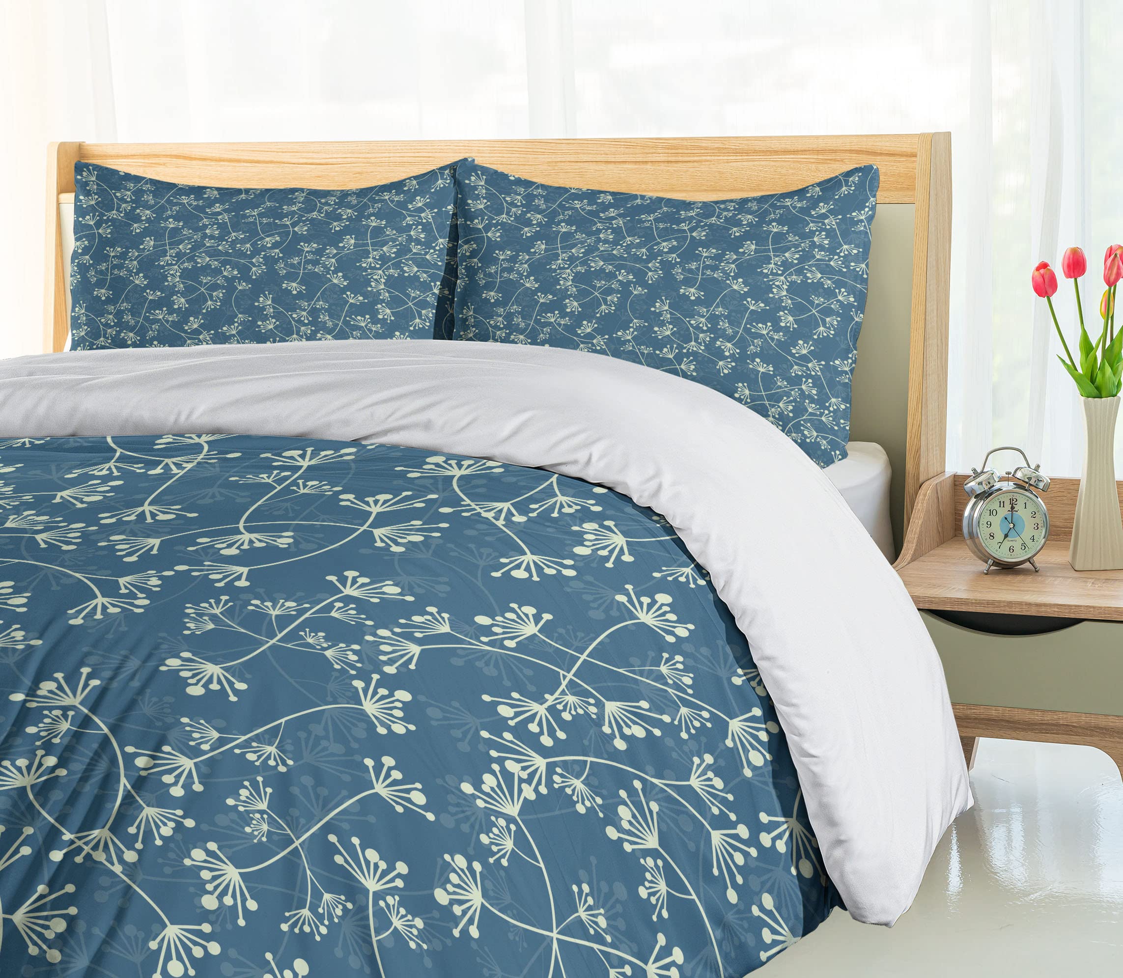 Ambesonne Floral Duvet Cover Set - Nature Inspired Twiggy Plants & Petals Spring Design, 3-Piece Bedding Set with 2 Pillow Shams, California King Size, Pale Green Slate Blue - Perfect for Spring Bedroom Decor & Guest Room Styling