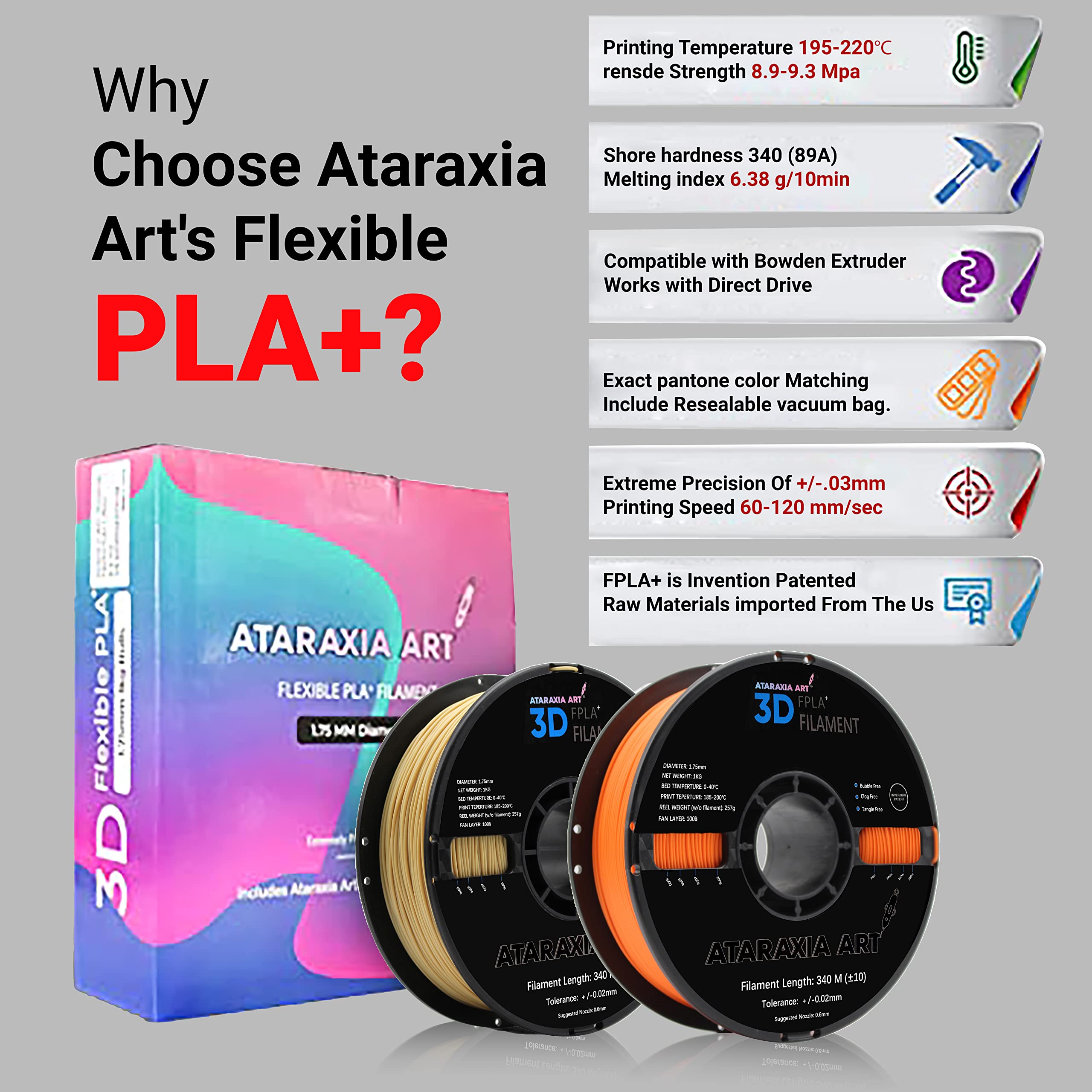 Premium ATARAXIA ART Flexible PLA Filament 1.75mm for 3D Printers - 1Kg/2.2lb Spool (5X Longer Stretch, 89A Shore Hardness) - Patent Formula with Storage Bags - Ideal for Cosplay, Prototyping & DIY Projects - FPLA Brown