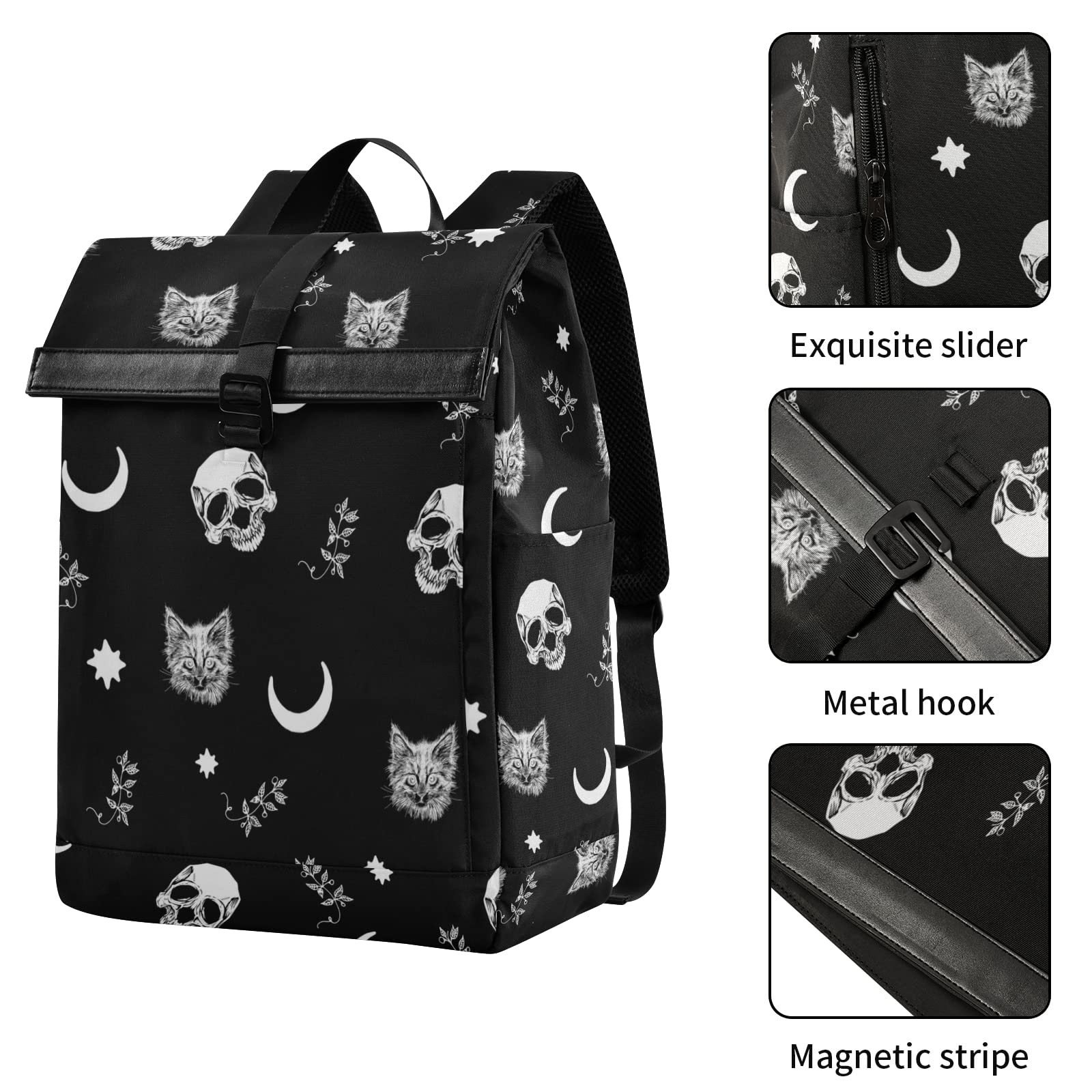 Expandable Waterproof Travel Backpack for Men - Trendy Roll Top Skull Cat Moon Design Laptop Backpack | Perfect for Commuting, Hiking & College Students