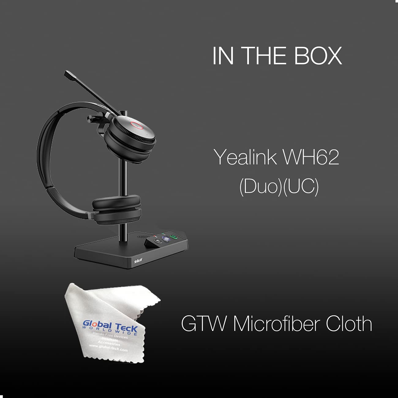 Yealink WH62 Duo Stereo UC Headset - Wireless Bluetooth Headset with Noise Cancelling Mic for PC, Mac, Desk Phones & Softphones (Teams, Zoom, RingCentral Compatible) - Includes Microfiber Cleaning Cloth for Home Office, Call Center & Remote Work