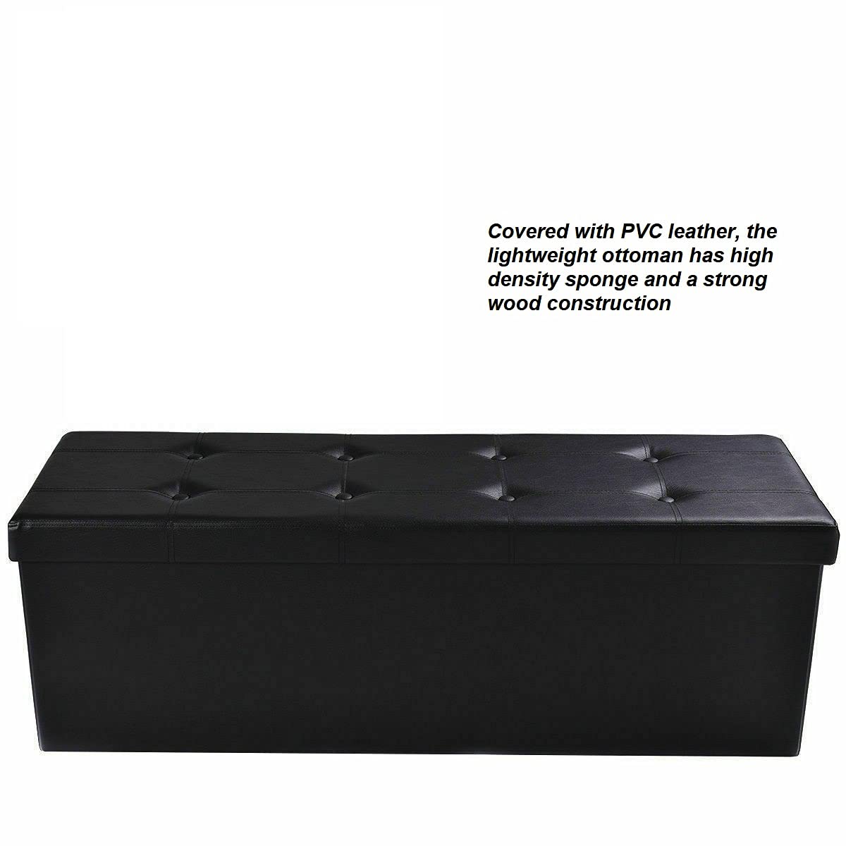 Black Faux Leather Storage Ottoman with Lid - Foldable Footrest Stool for Living Room, Bedroom - Perfect for Storing Blankets, Toys, Books & Home Accessories - Multipurpose Furniture for Extra Seating & Organization