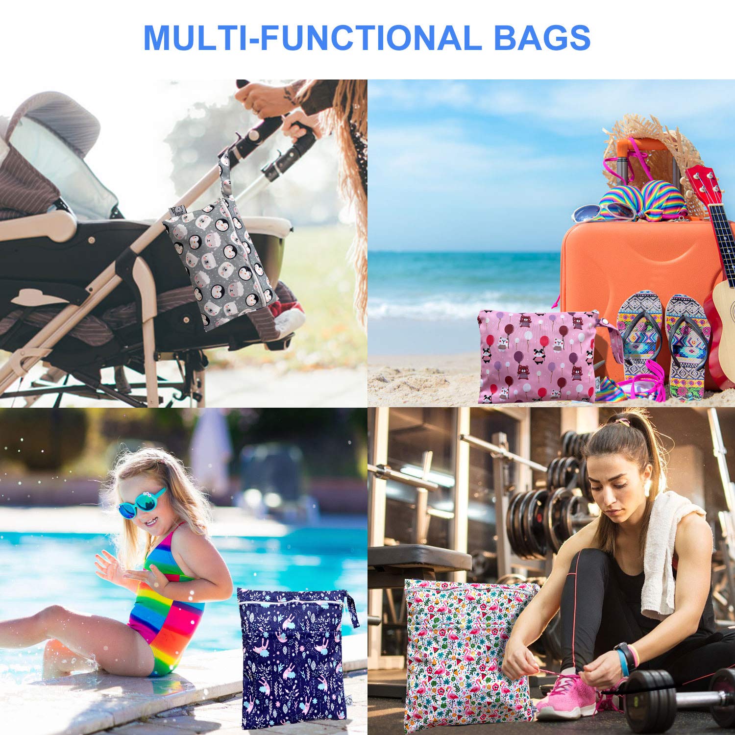 FLOCK THREE 4-Pack Waterproof Wet Bags - Reusable for Wet Clothes, Baby Diapers, Swimsuits & Travel Toiletries - Perfect for Strollers, Beach Trips & Electronics Storage (Windy Days Design) - Ideal for Moms, Travelers & Gym Enthusiasts