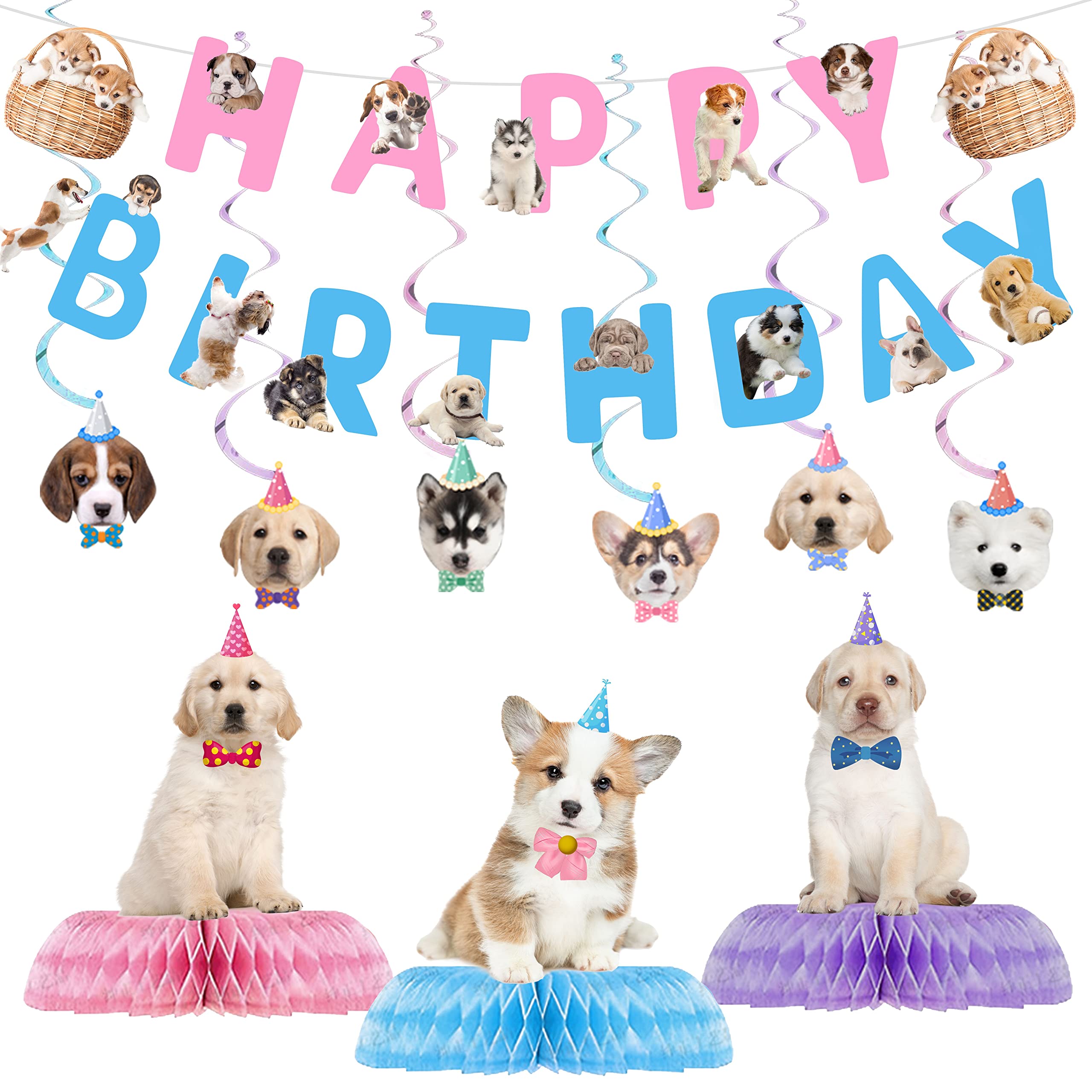 16 Pcs Dog Birthday Party Supplies Set - Includes Happy Birthday Banner, 6 Hanging Cutouts, 6 Swirl Decorations & 3 Honeycomb Centerpieces for Puppy Themed Party | Perfect for Dog Birthday Celebrations, Pet Adoption Events & Puppy Shower Decorations