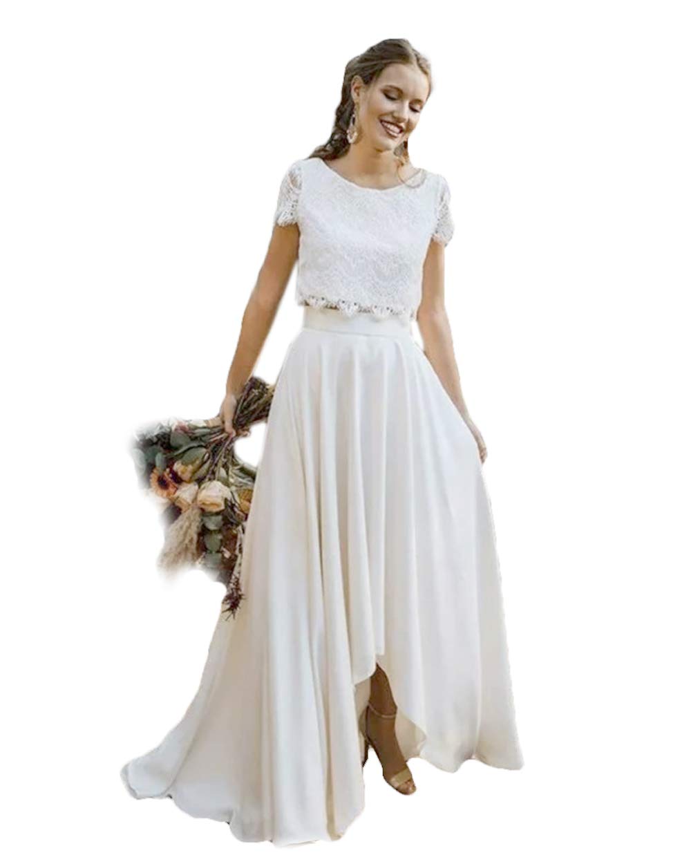 2-Piece Boho Wedding Dress Set - Lace Short Sleeve Elegant High-Low Beach Wedding Gowns for Bride, Outdoor Ceremony & Destination Weddings