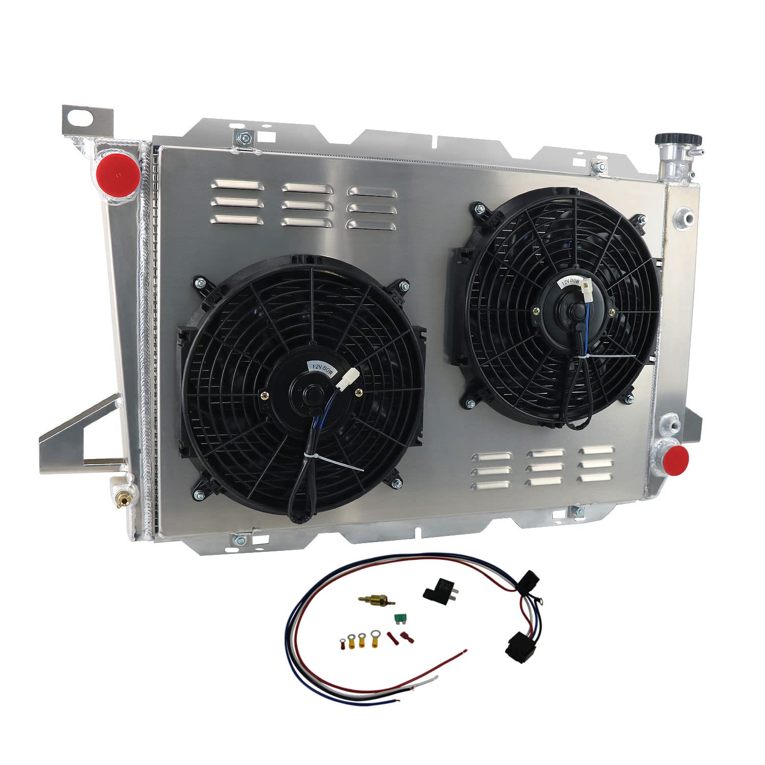 High-Performance Aluminum Radiator for 1985-1996 Ford F150 F250 F350 & Bronco - 3 Row Crossflow Design with Shroud Fan & Relay Kit - Perfect for Off-Roading, Towing & Engine Cooling Upgrades