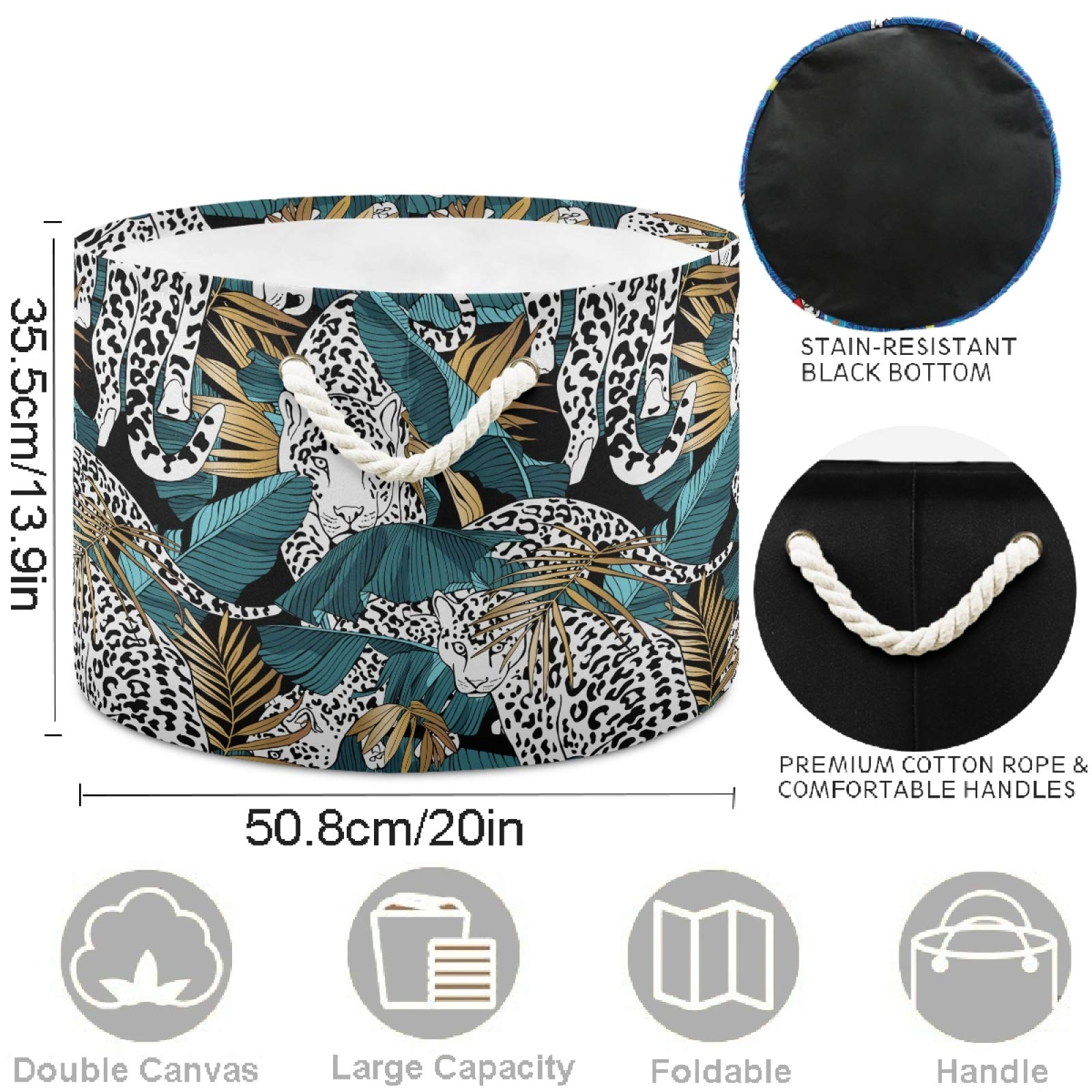 Visesunny Collapsible Large Capacity Storage Basket - Leopard Gold Palm Leaf Design with Durable Cotton Handles | Perfect for Clothes, Toys, Laundry Organization in Bathroom, Bedroom, Nursery & Closet | Space-Saving Home Organizer Solution for Small Spaces