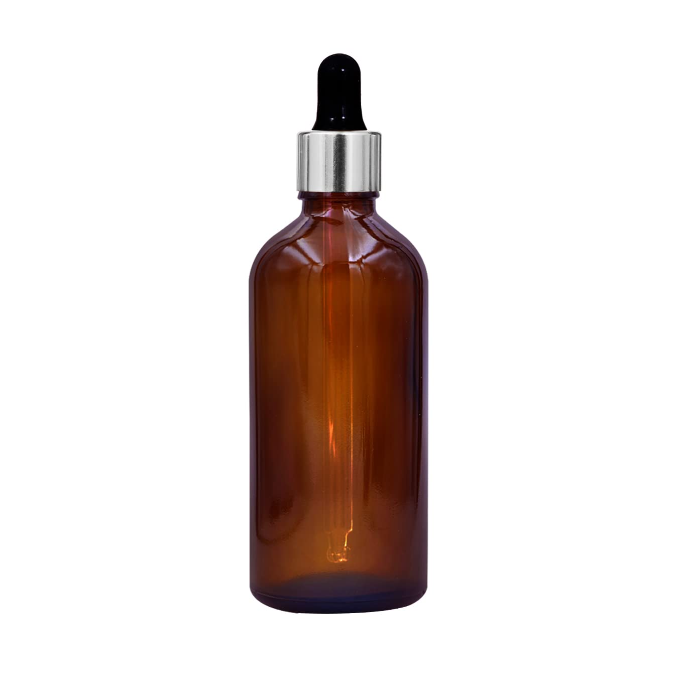 NSB Herbals 100ml Amber Round Empty Glass Bottle with Glass Dropper, Silver Ring & Black Silicone Teat - Refillable Essential Oil Bottle for DIY Perfumes, Aromatherapy, and Herbal Extracts (Pack of 1)