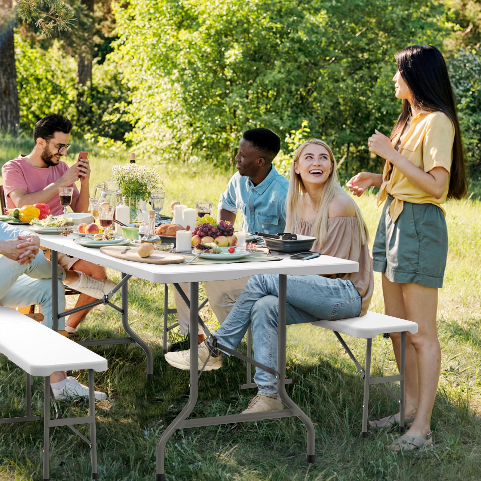 VINGLI 6-Foot Picnic Table Set with 2 Benches - 3-Piece Folding Camping Furniture for Indoor & Outdoor Use - Smooth White Tabletop - Perfect for Backyard BBQs, Camping Trips & Patio Dining