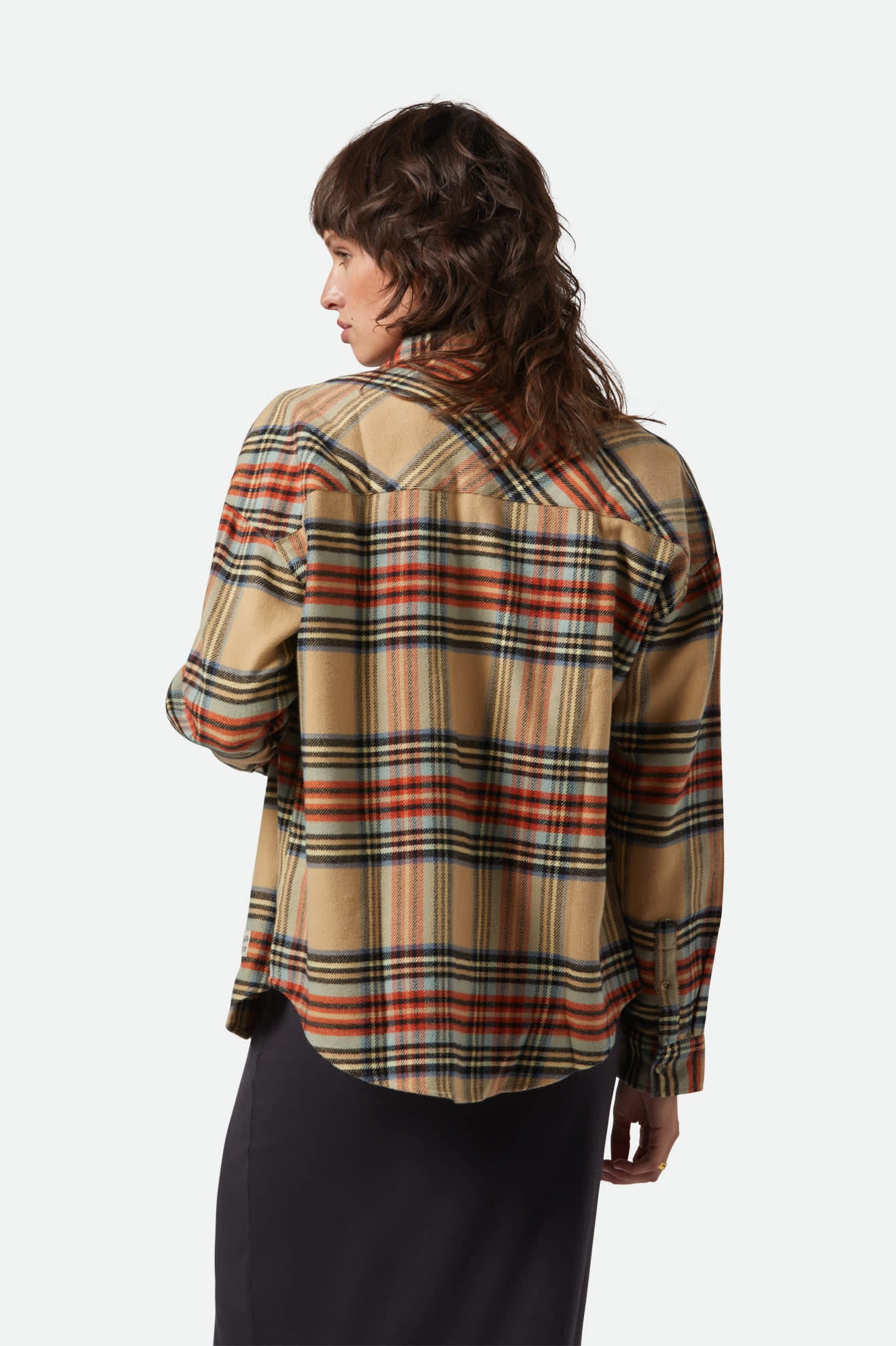 Bowery Women's Classic Long Sleeve Flannel Shirt - Sand, Burnt Brick & Black Plaid - Cozy Fall & Winter Layering for Casual Outfits