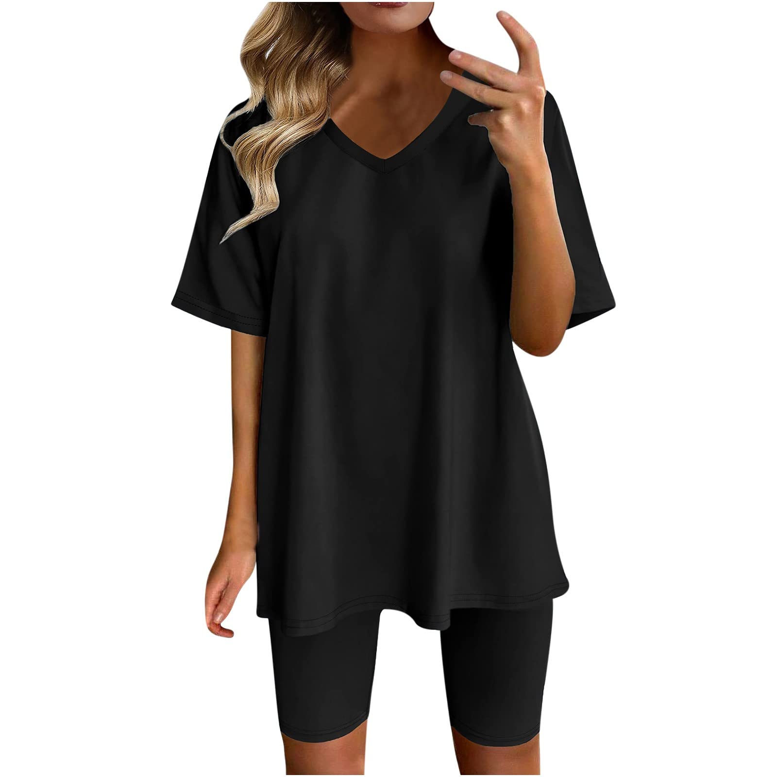 Women's Two Piece Summer Outfit - V Neck Oversized T-Shirt & Biker Shorts Set | Workout, Lounge & Casual Wear | Gym, Yoga, Running & Home Comfort