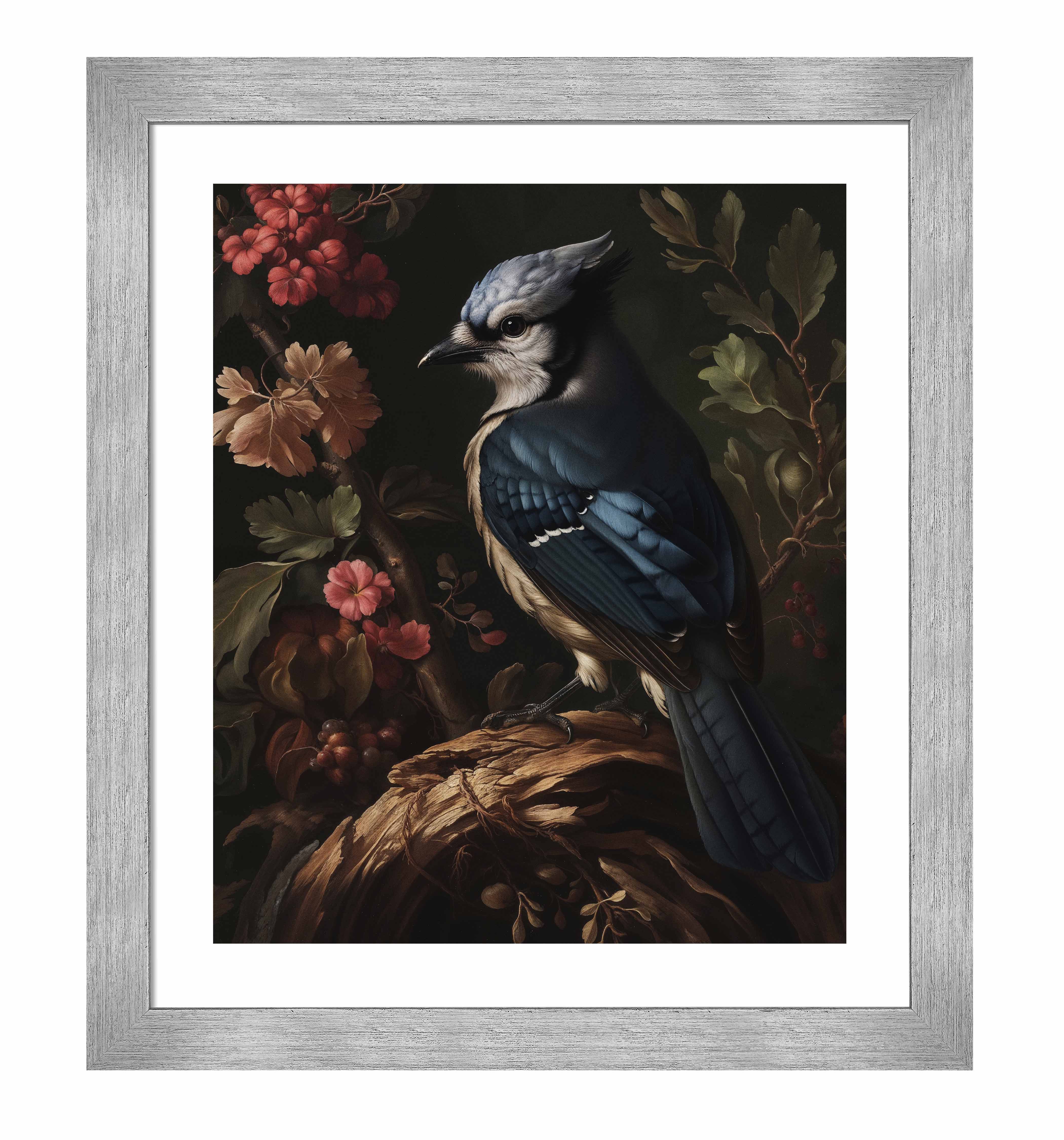 Blue Jay Amongst Flora - Elegant Nature Art Print for Home & Office Decor - Perfect for Living Room, Bedroom, or Gift