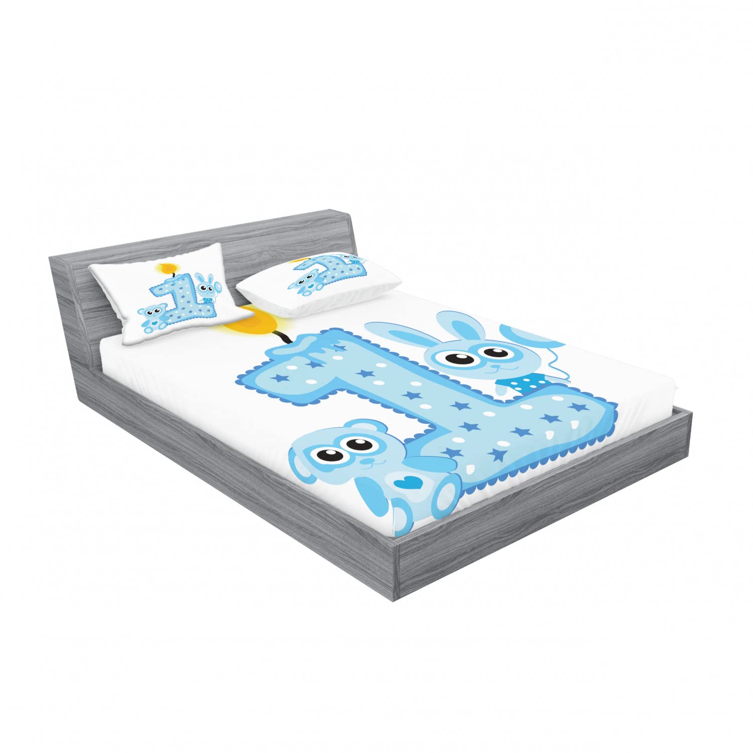 Ambesonne 2-Piece King Size Fitted Sheet & 4 Pillow Sham Set - Birthday Cake & Candle Print Bedding Decor in Pale Blue - Perfect for Birthday Parties, Guest Rooms & Themed Bedroom Decorations