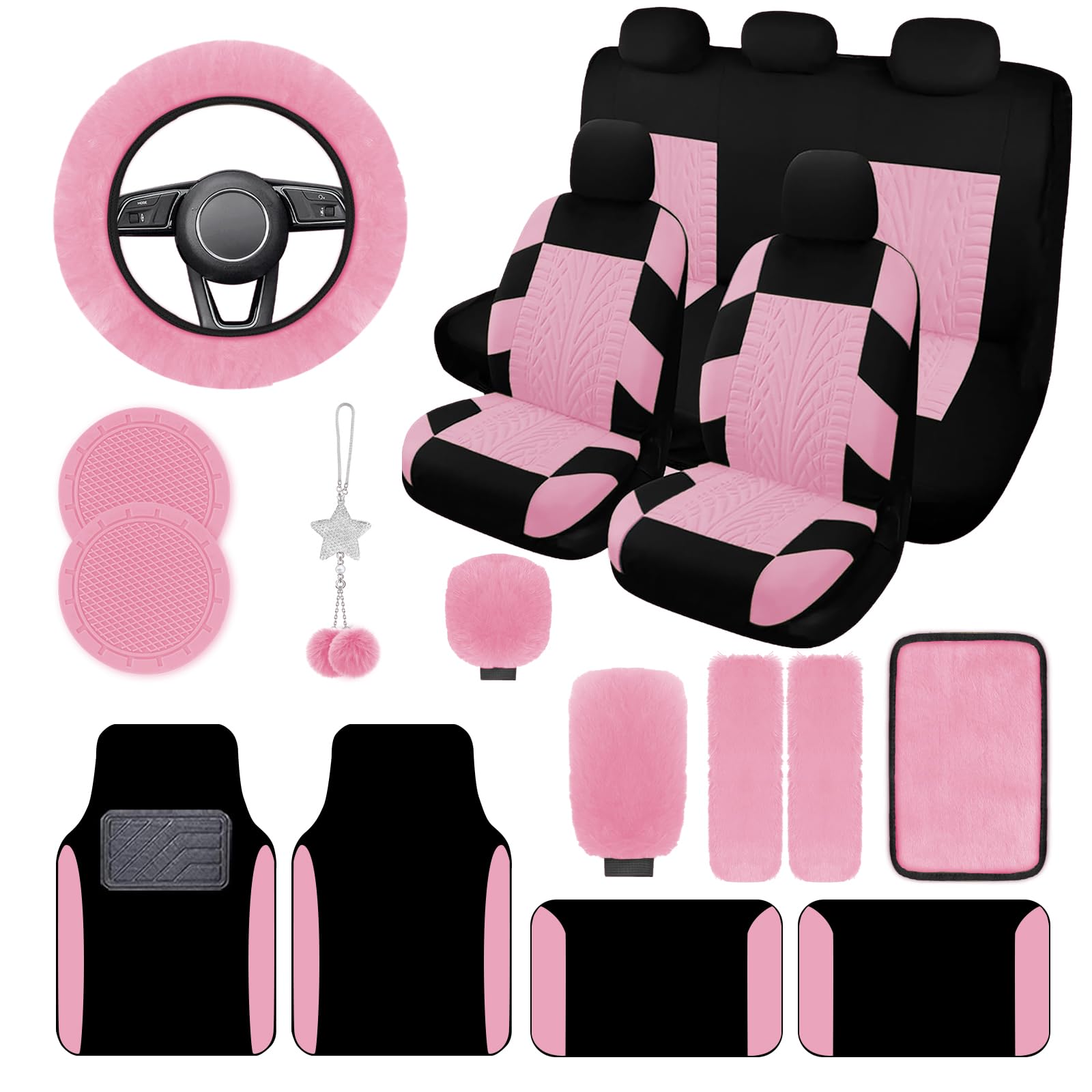 21-Piece Universal Car Seat Covers Full Set with Floor Mats - 3D Tire Print Design, 5mm Composite Sponge Padding - Pink SUV Accessories for Women (Perfect for Daily Commute, Road Trips & Car Interior Protection)