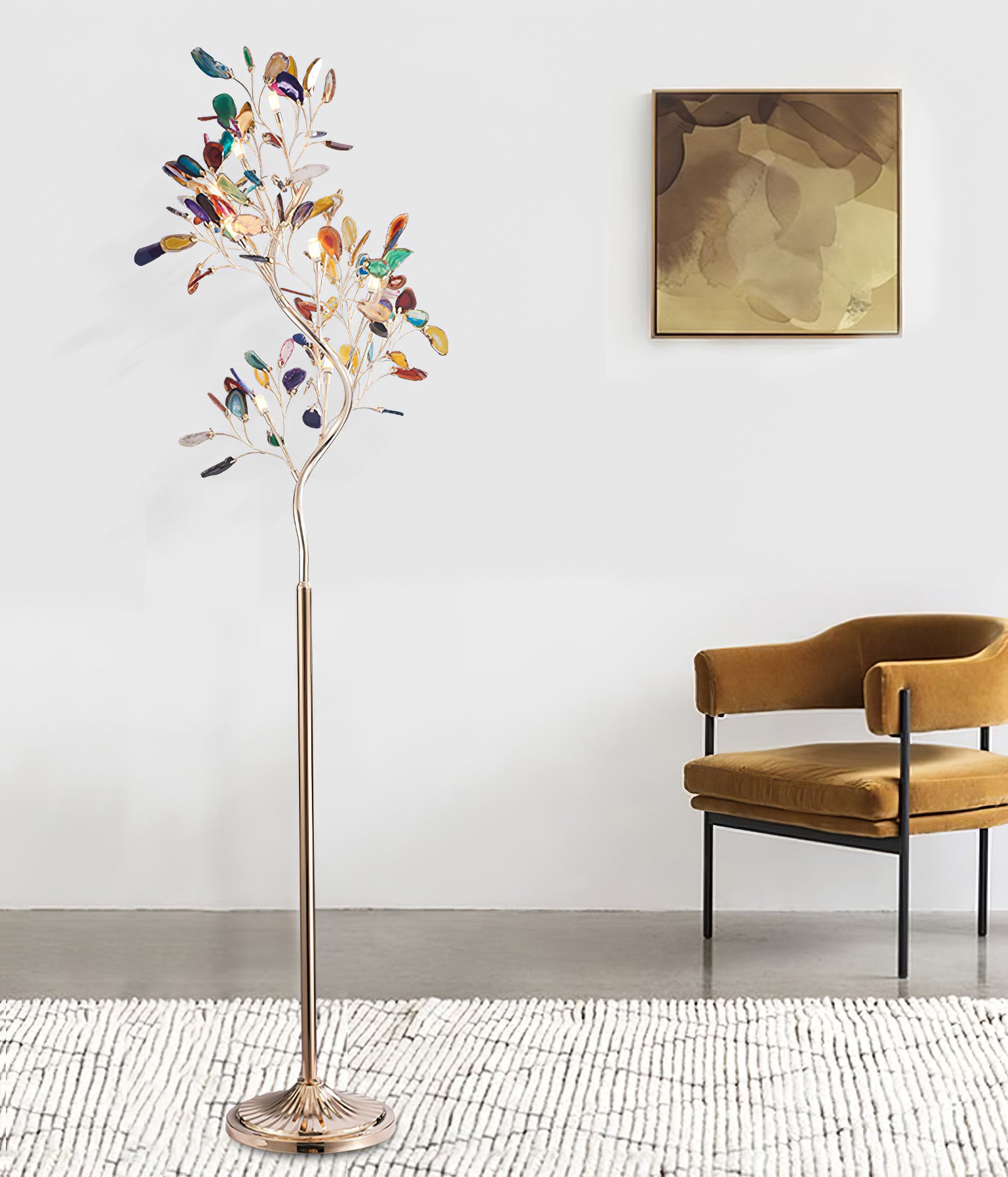 Modern Agate Floor Lamp with Wood Base - Natural Stone Decor for Living Room, Bedroom & Office - Warm Ambient Lighting for Home & Workspace